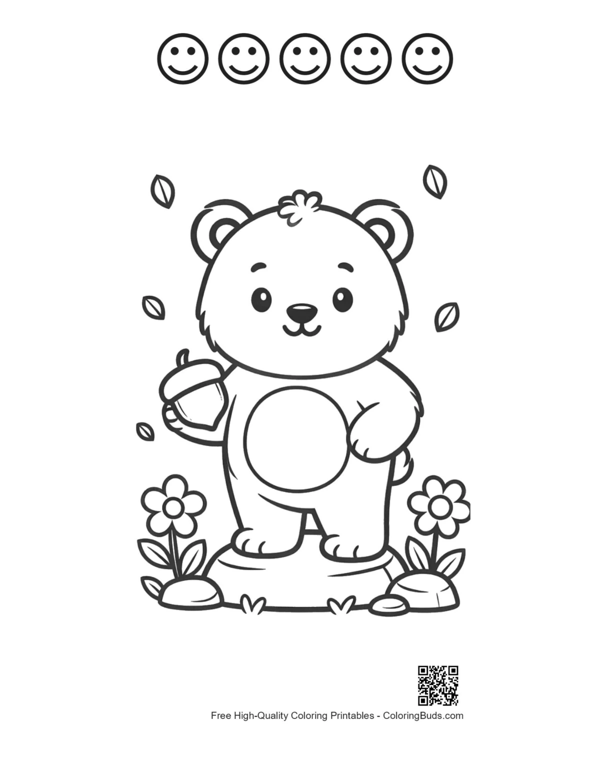 Cute bear treat with 5 happy faces outline sheet
