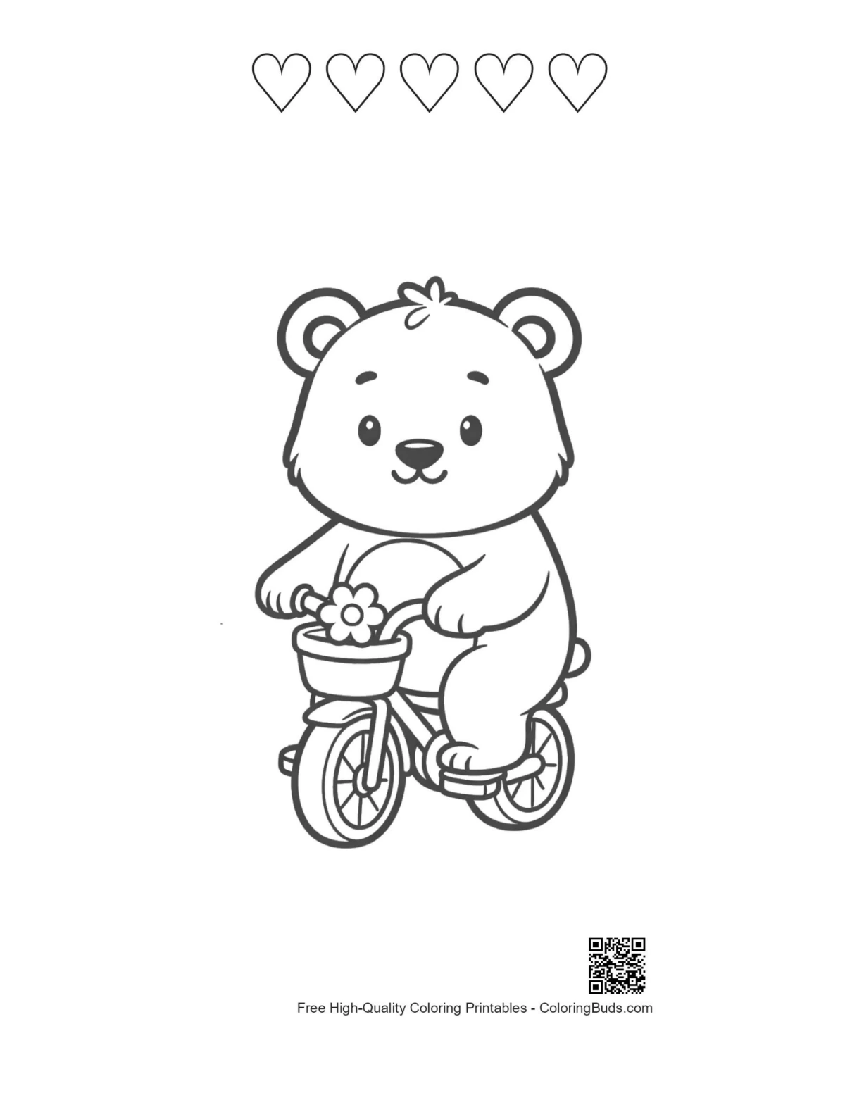 Cute grizzly bear with hearts outline printable