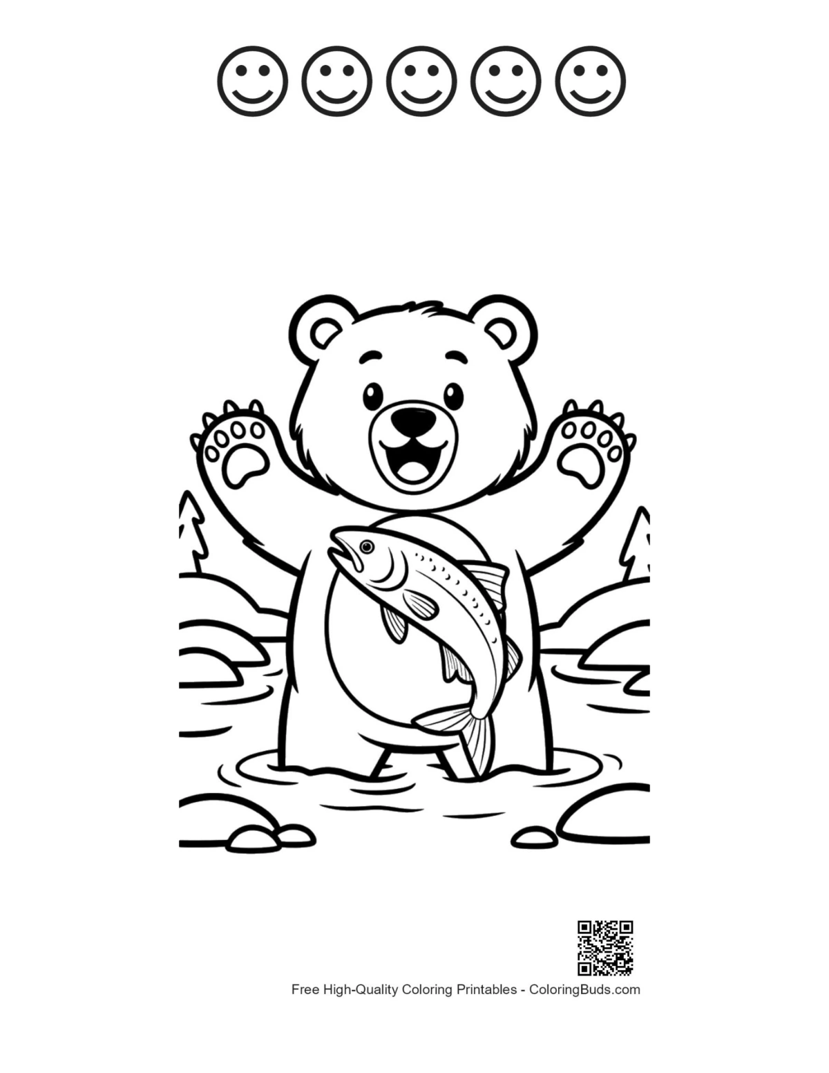 Grizzly bear water splash printable 5 happy faces outline