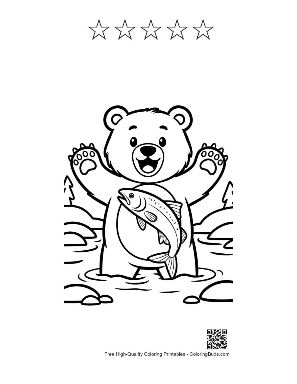 Excited grizzly bear printable with 5 star outlines coloring page