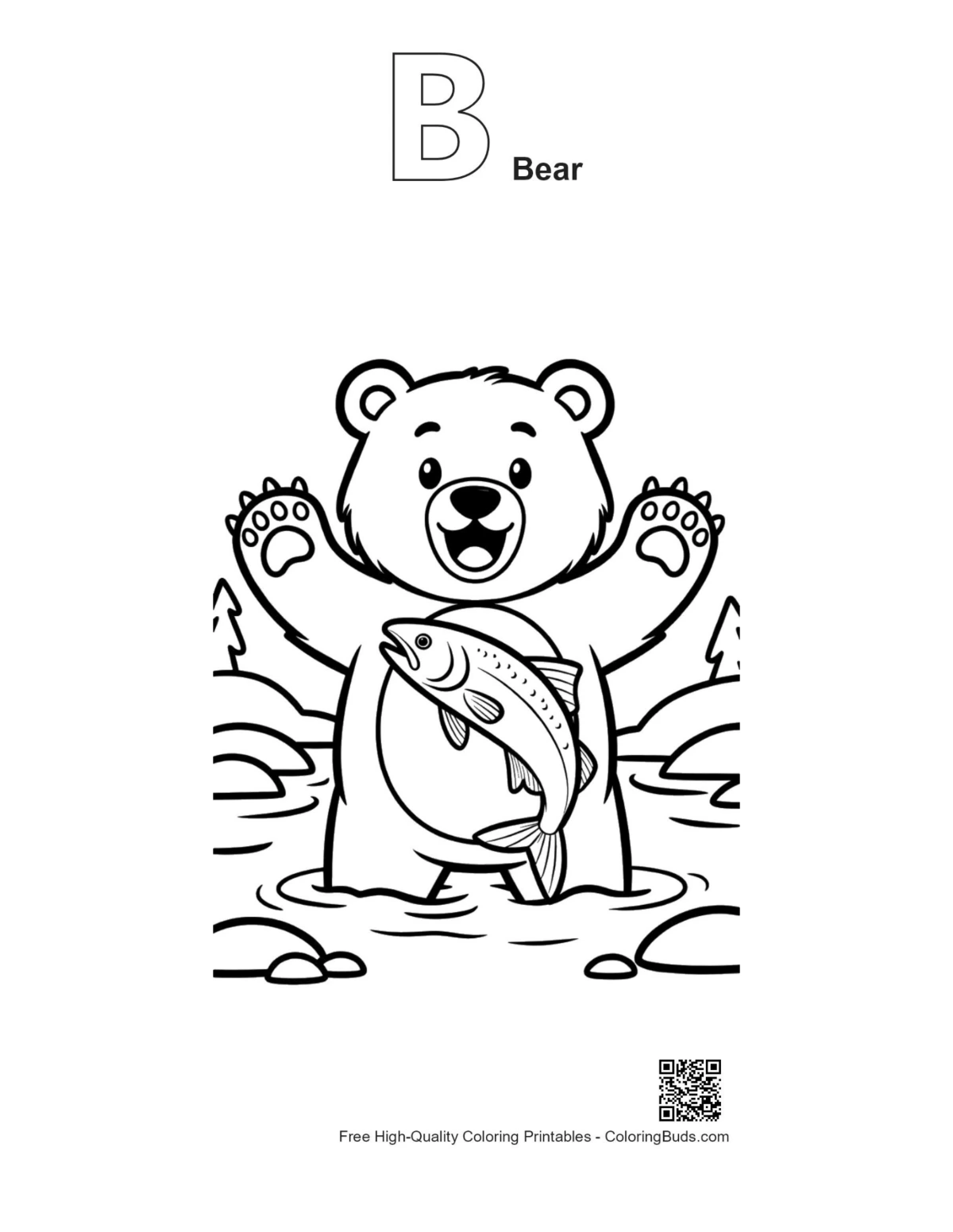 Grizzly bear splashing printable outline with alphabet B bear