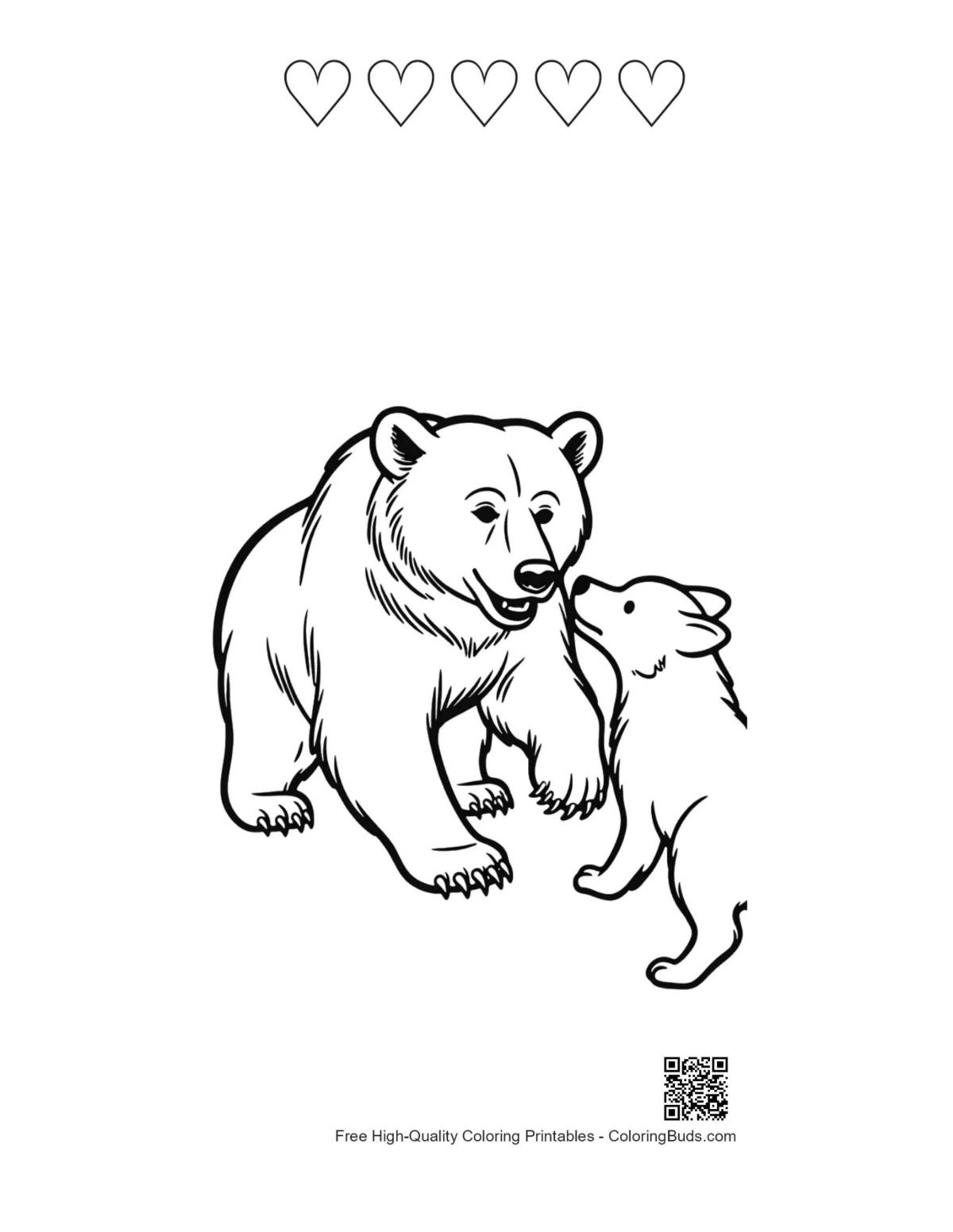Grizzly bear puppy printable featuring 5 heart outlines