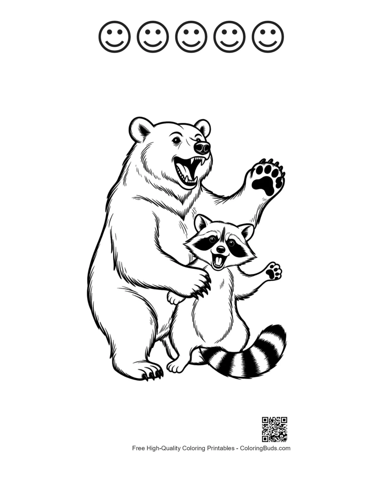 Grizzly bear with 5 happy faces outline printable