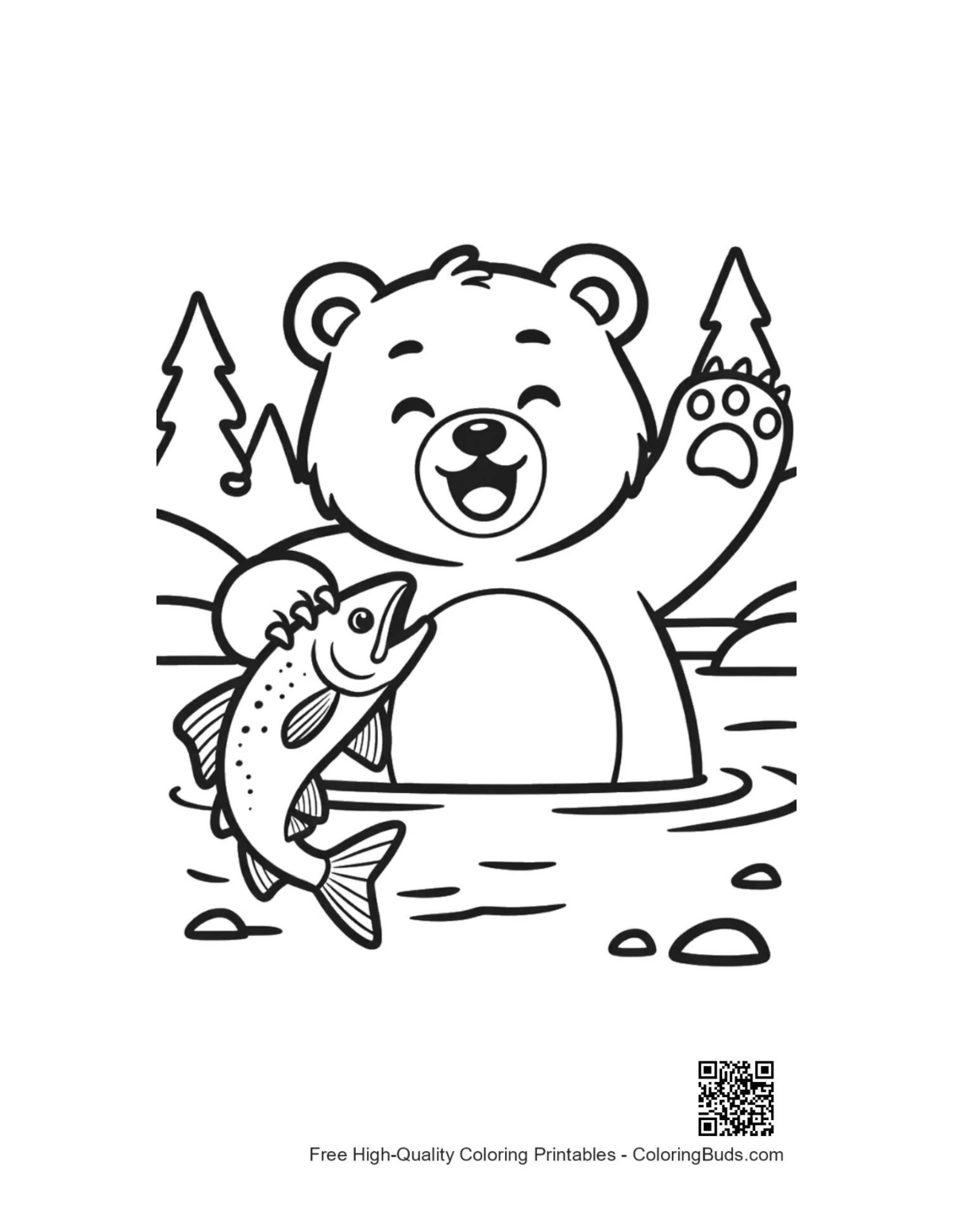 Happy grizzly bear cub in river with fish coloring page