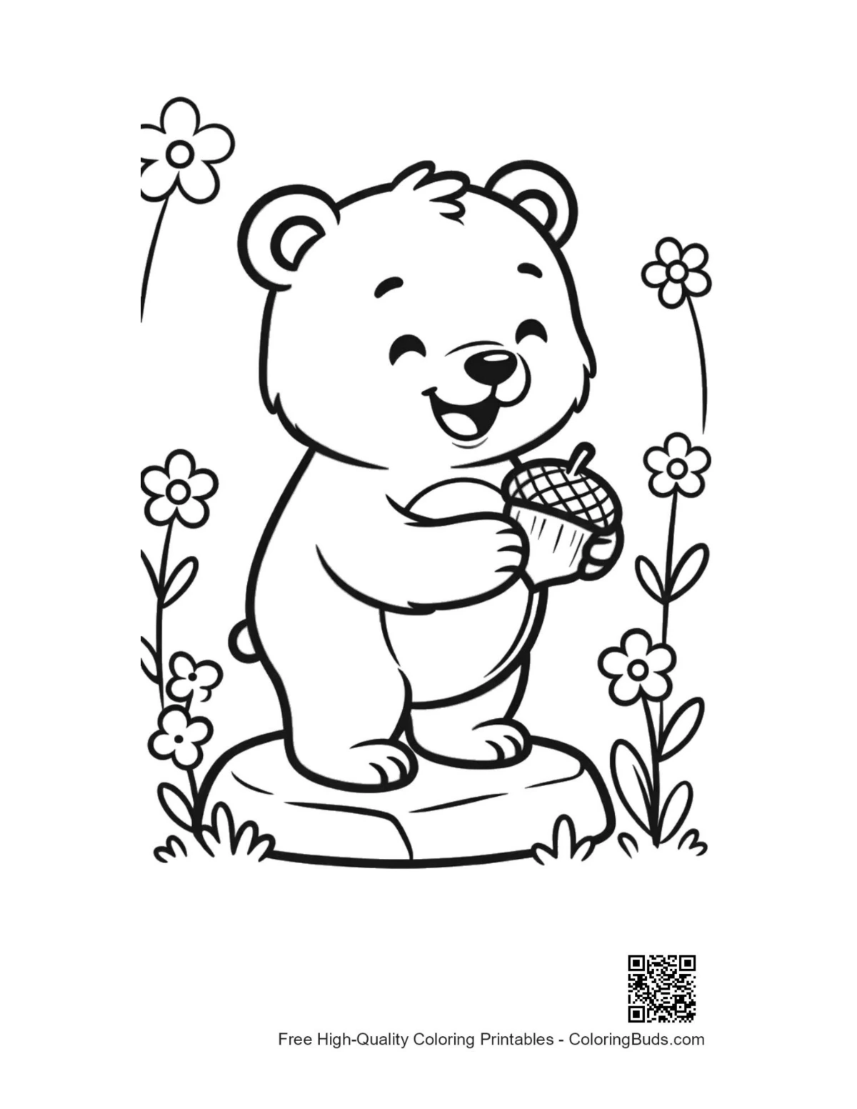 Happy grizzly bear forest snack coloring page printable