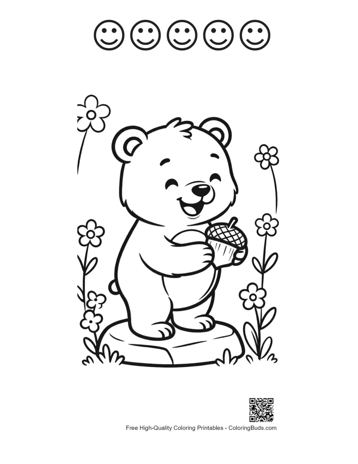 Happy grizzly bear coloring page with 5 happy faces