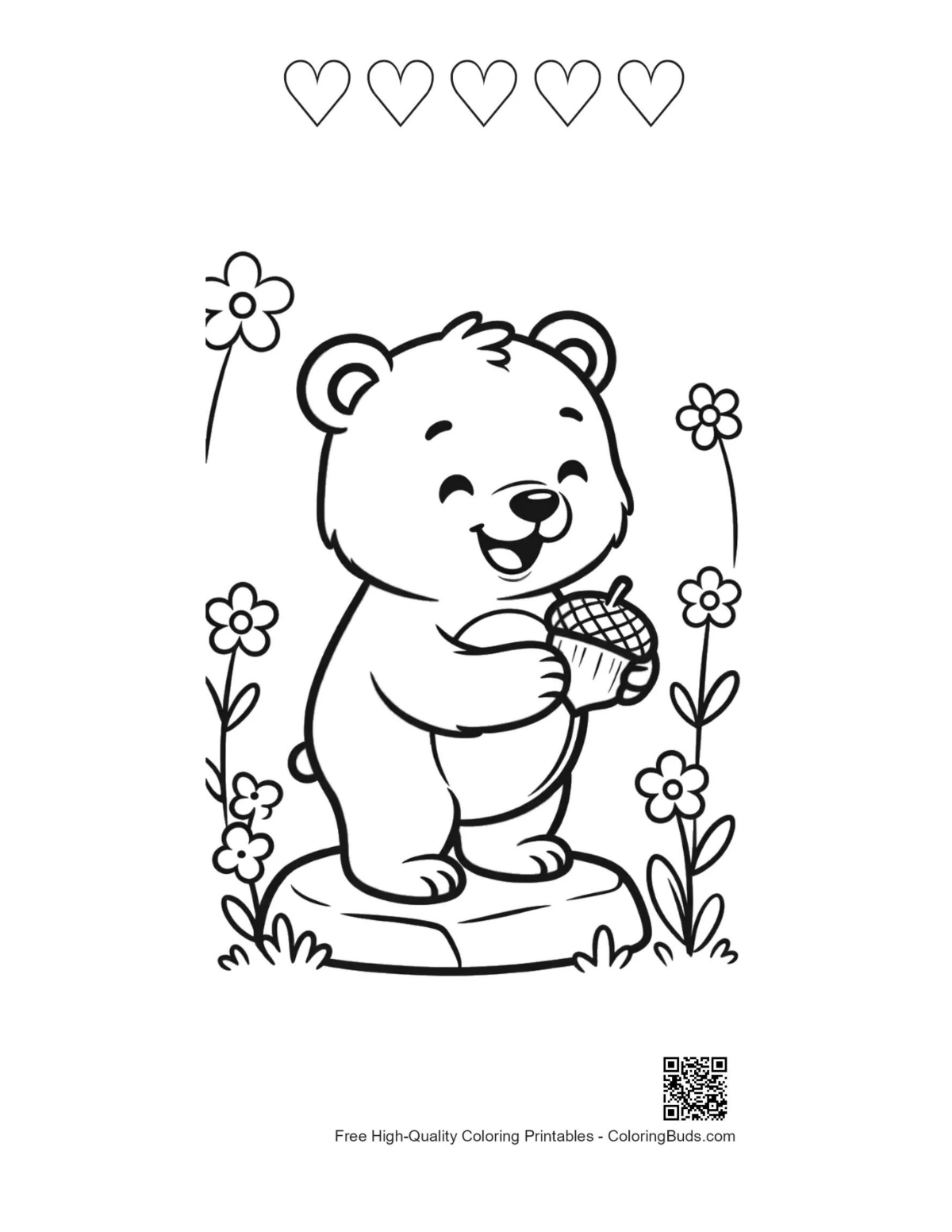 Grizzly bear snack page with 5 heart outlines printable