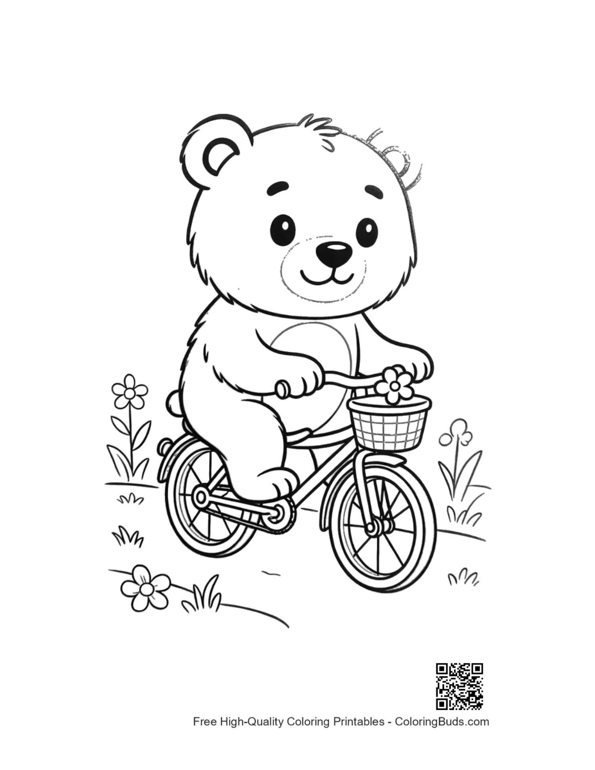 Cute grizzly bear cub biking in park coloring page