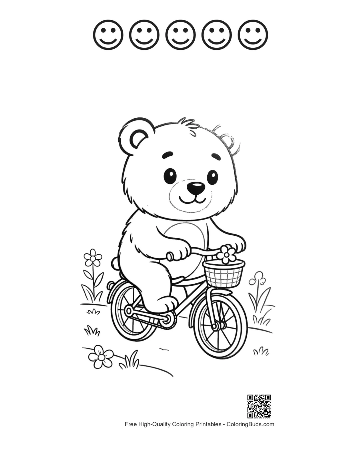 Bear cub park bike with happy faces coloring page