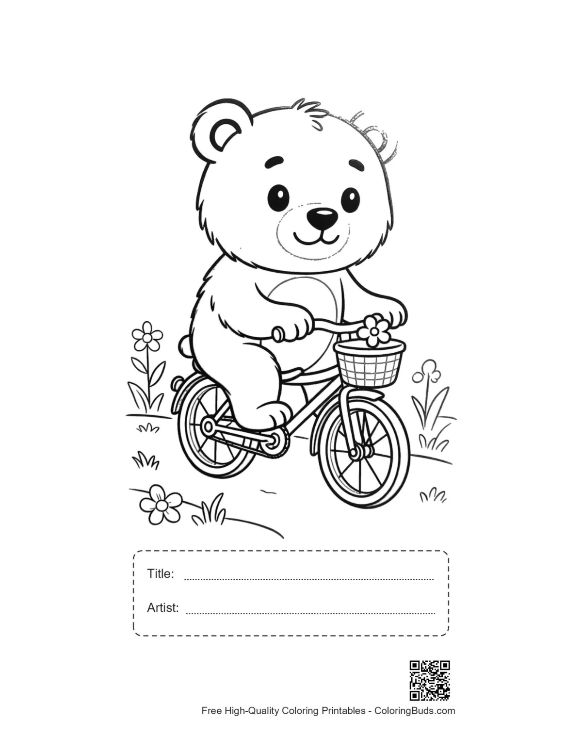 Grizzly bear cub on bike printable with title box