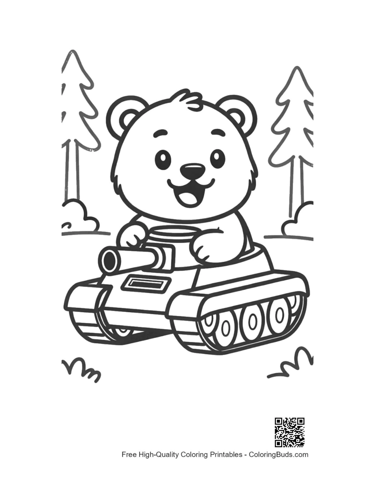 Little grizzly bear on military tank coloring page