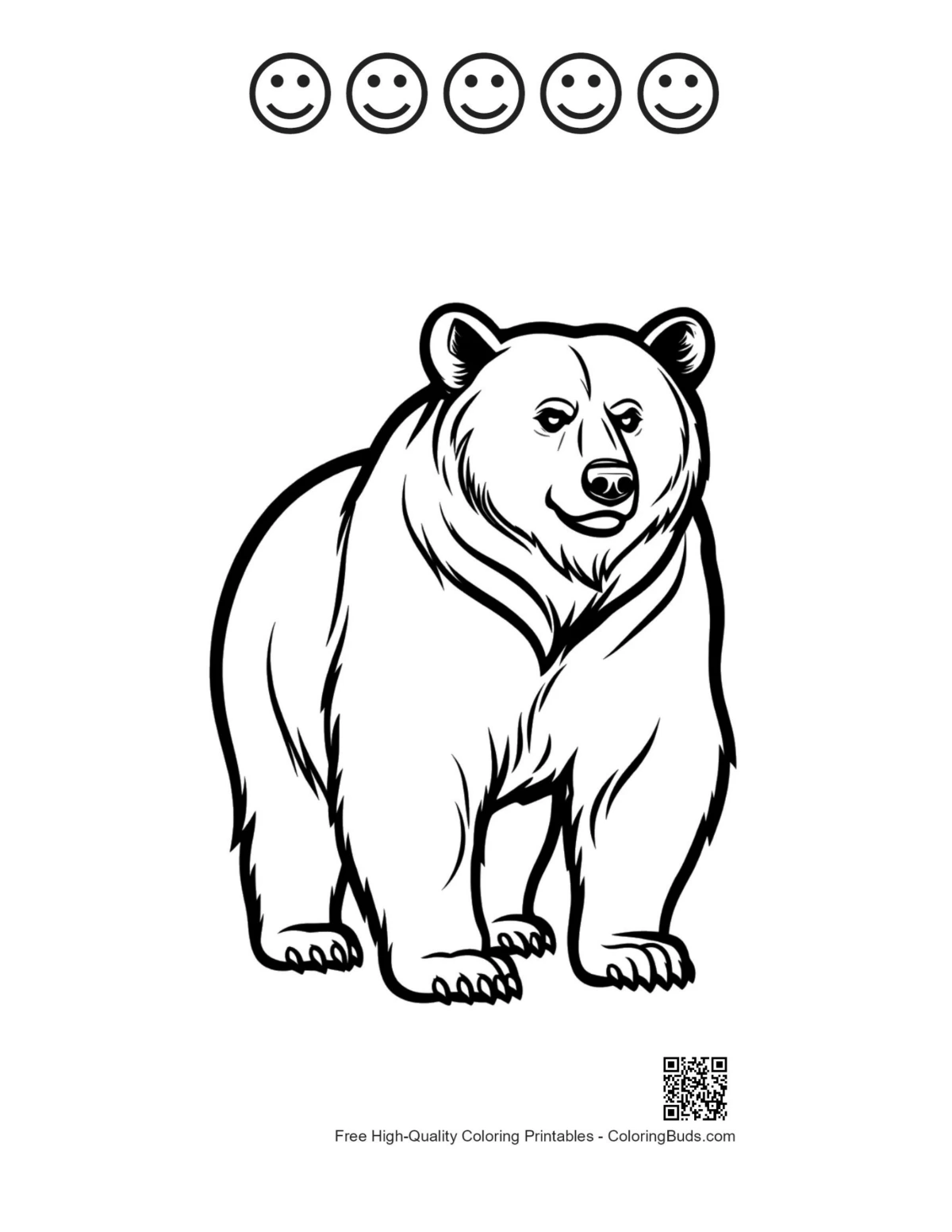 Printable grizzly bear with happy face outlines