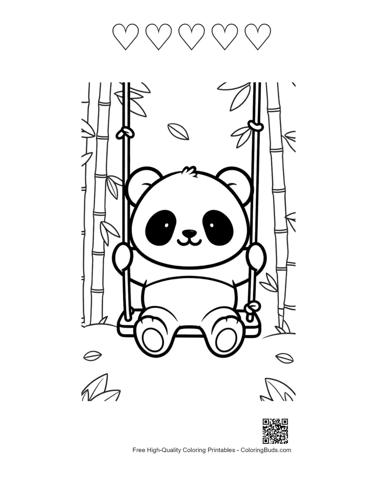 Baby panda swing with 5 heart outlines printable