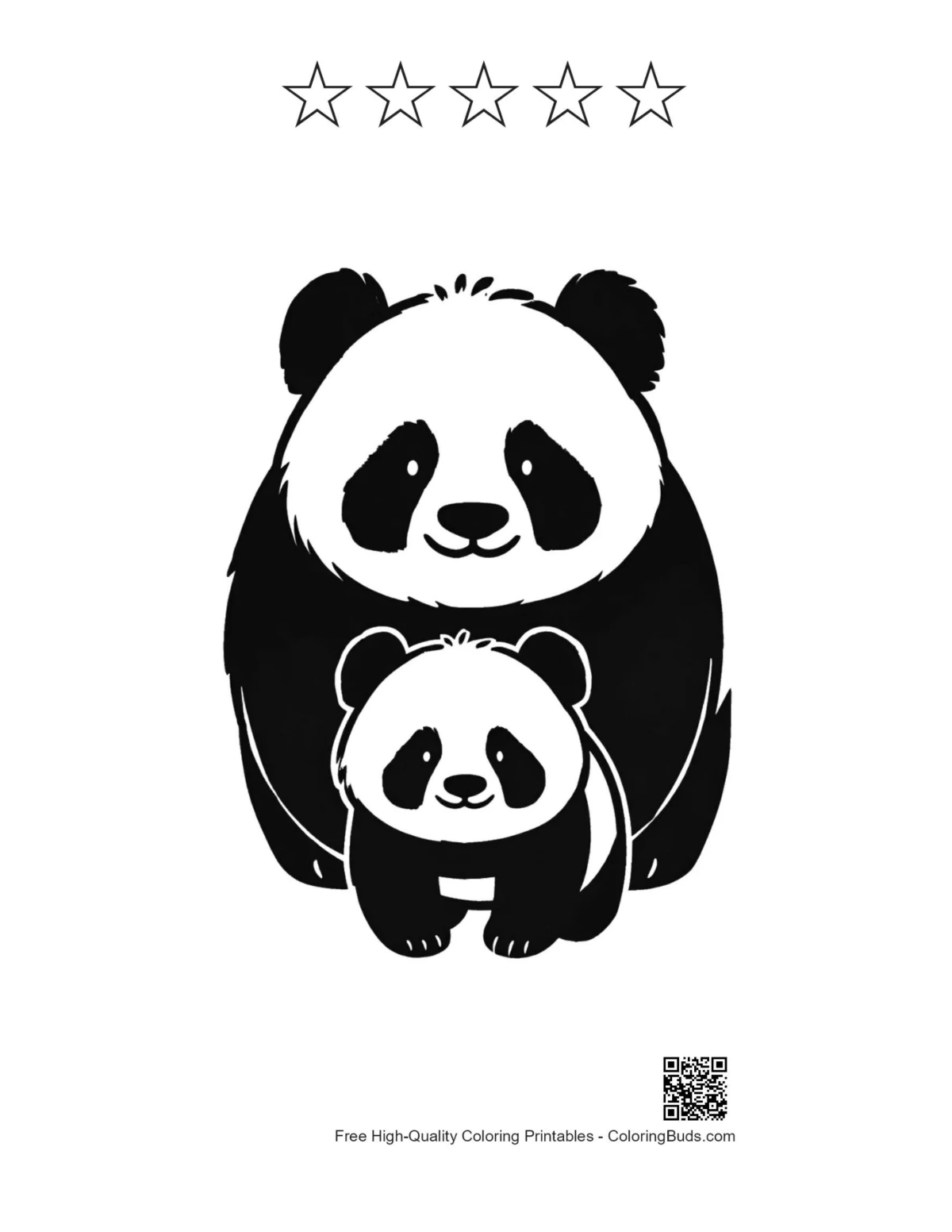 Panda mom baby cuddling with 5 star outlines printable