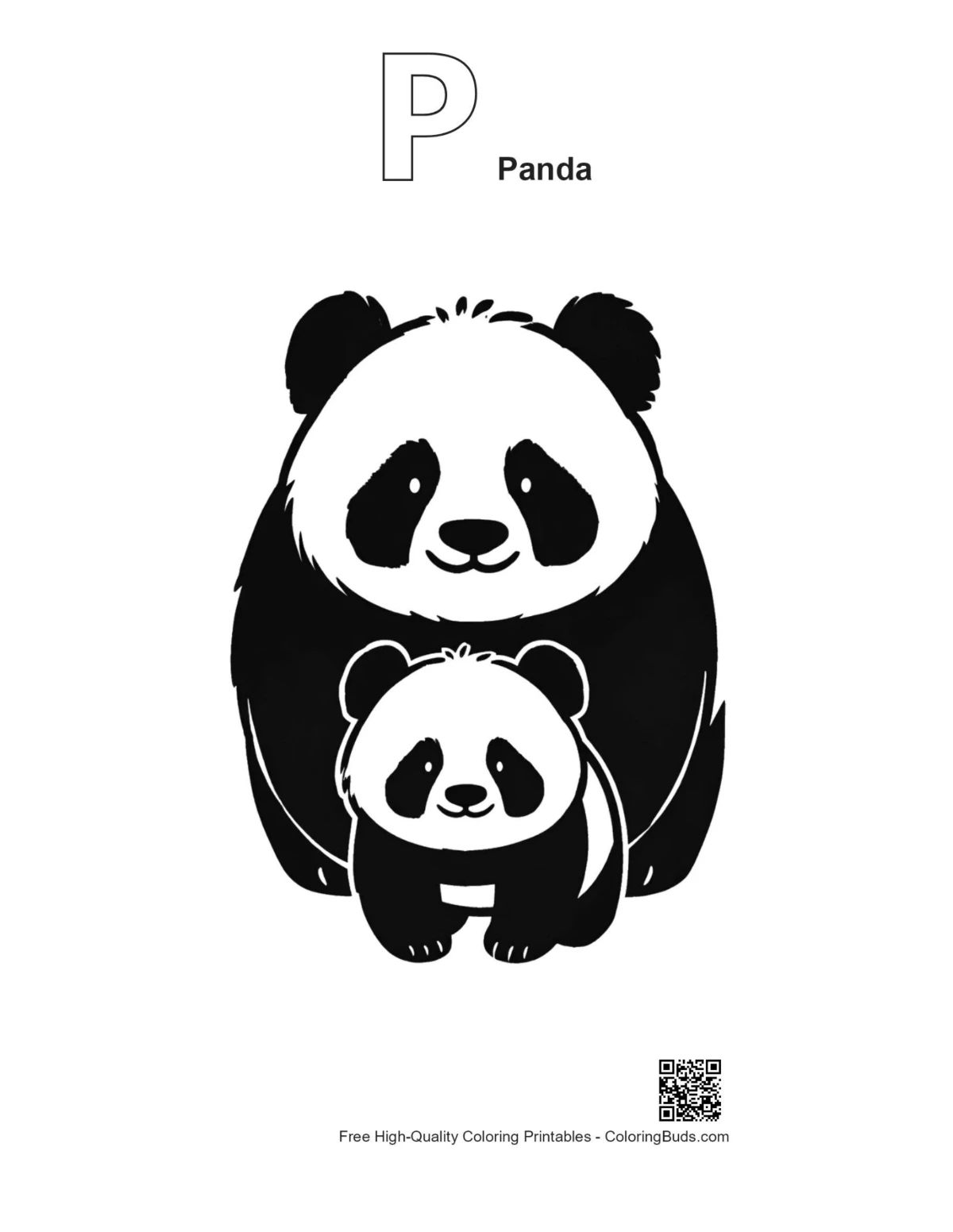 Panda cuddling outline with alphabet P coloring page