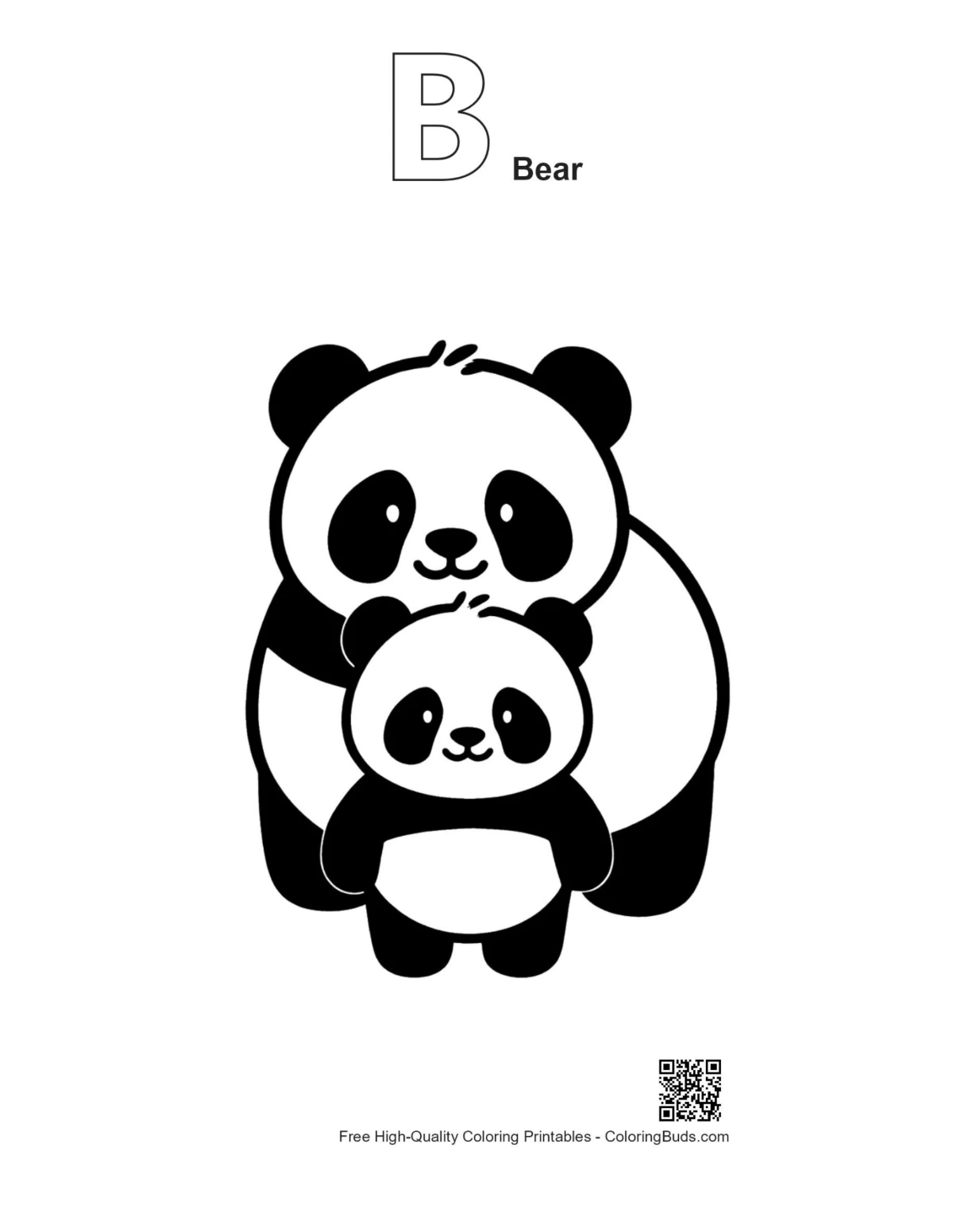 Panda mom hugging baby outline with alphabet B bear