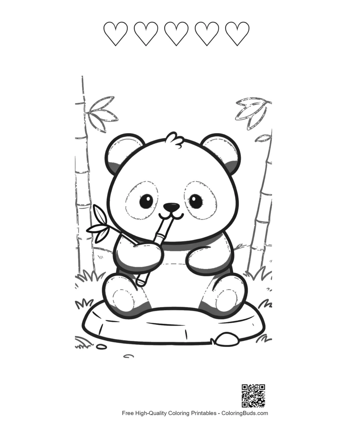 Baby panda eating bamboo with 5 heart outlines printable page