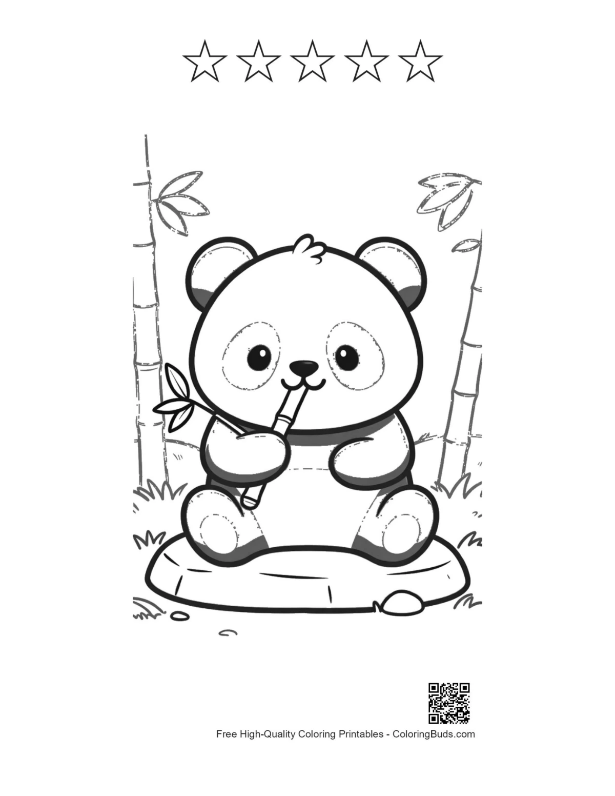 Baby panda eating bamboo with 5 star outlines printable sheet