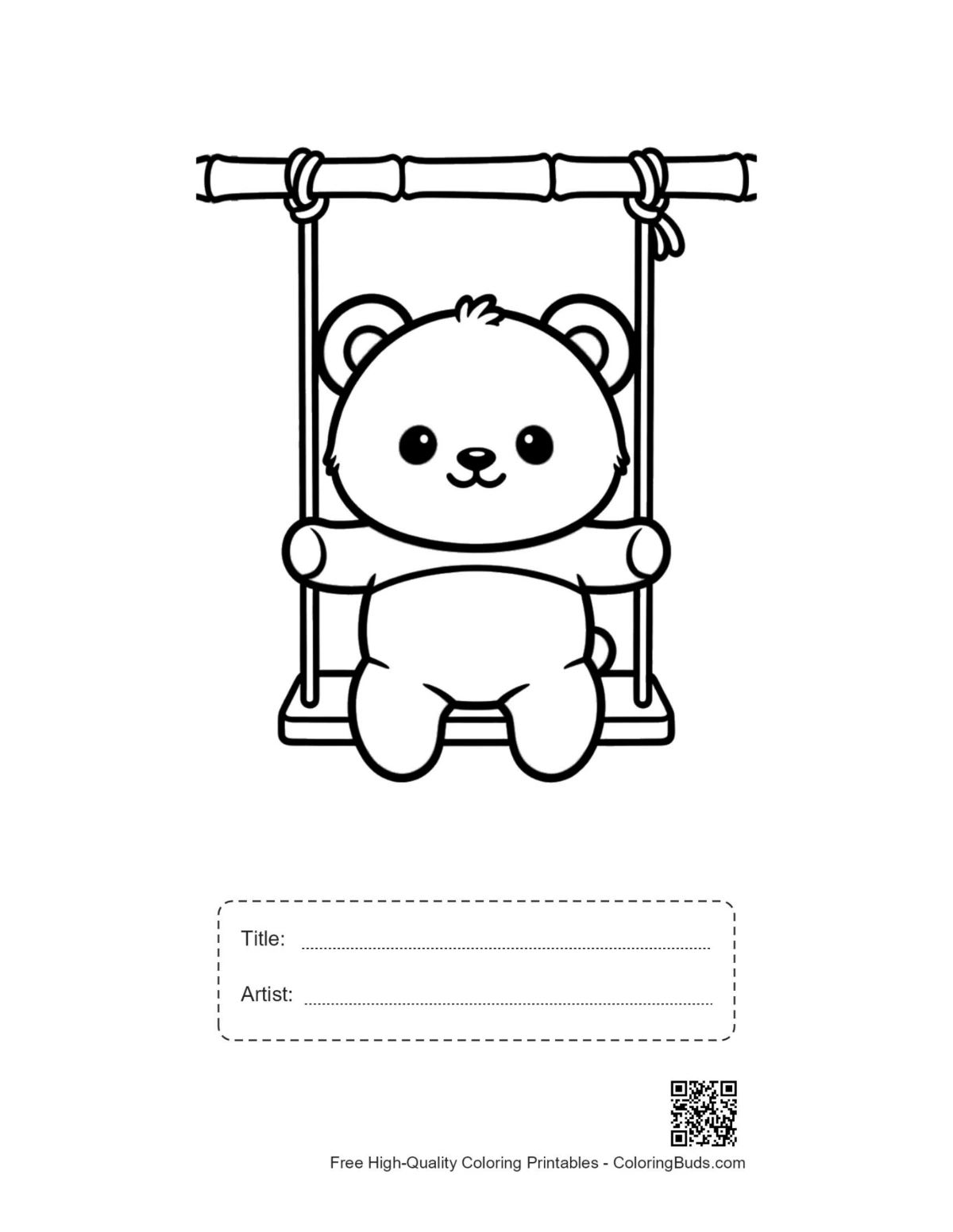 Panda swing coloring page with title artist box