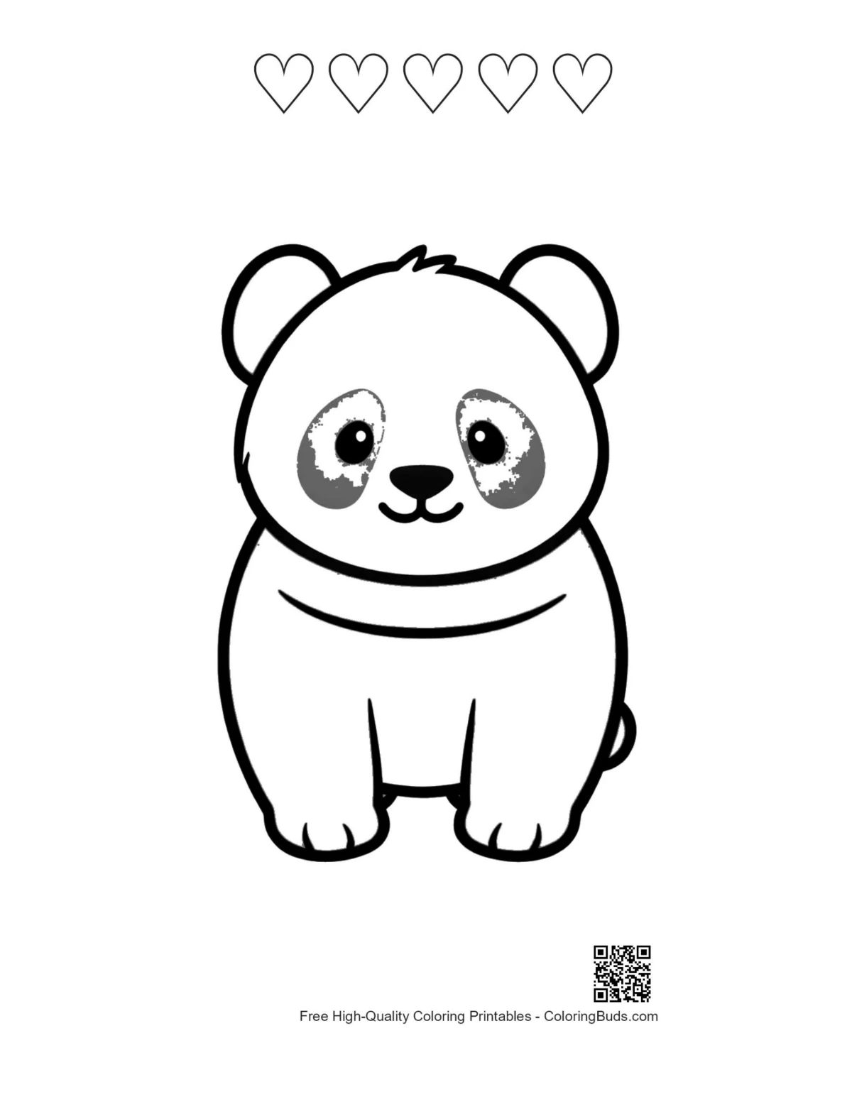 Baby panda printable with 5 heart outlines