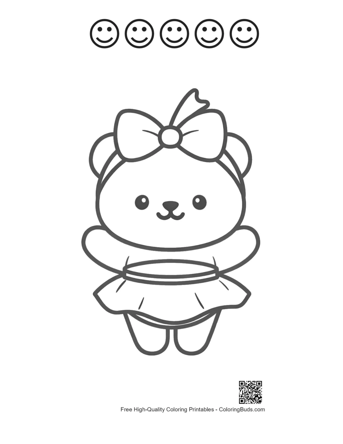 Adorable panda girl bow tutu 5 happy faces outline printable