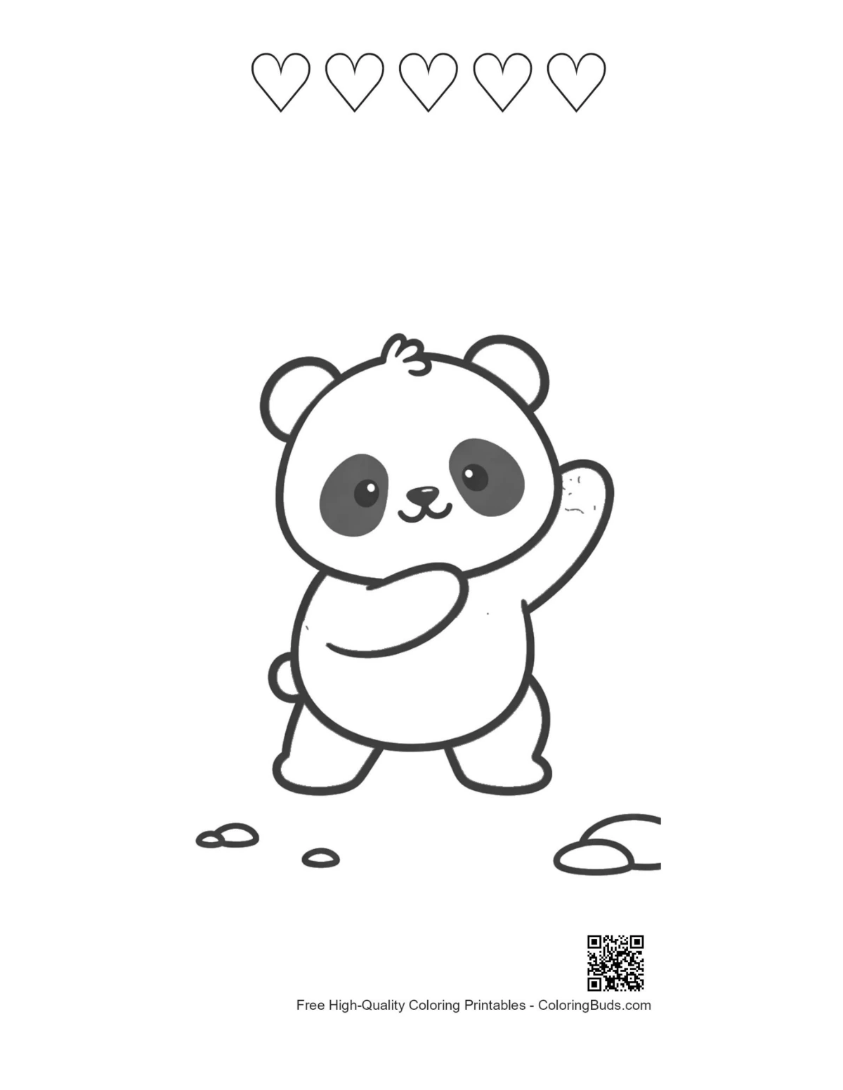 Panda waving hello with 5 heart outlines printable