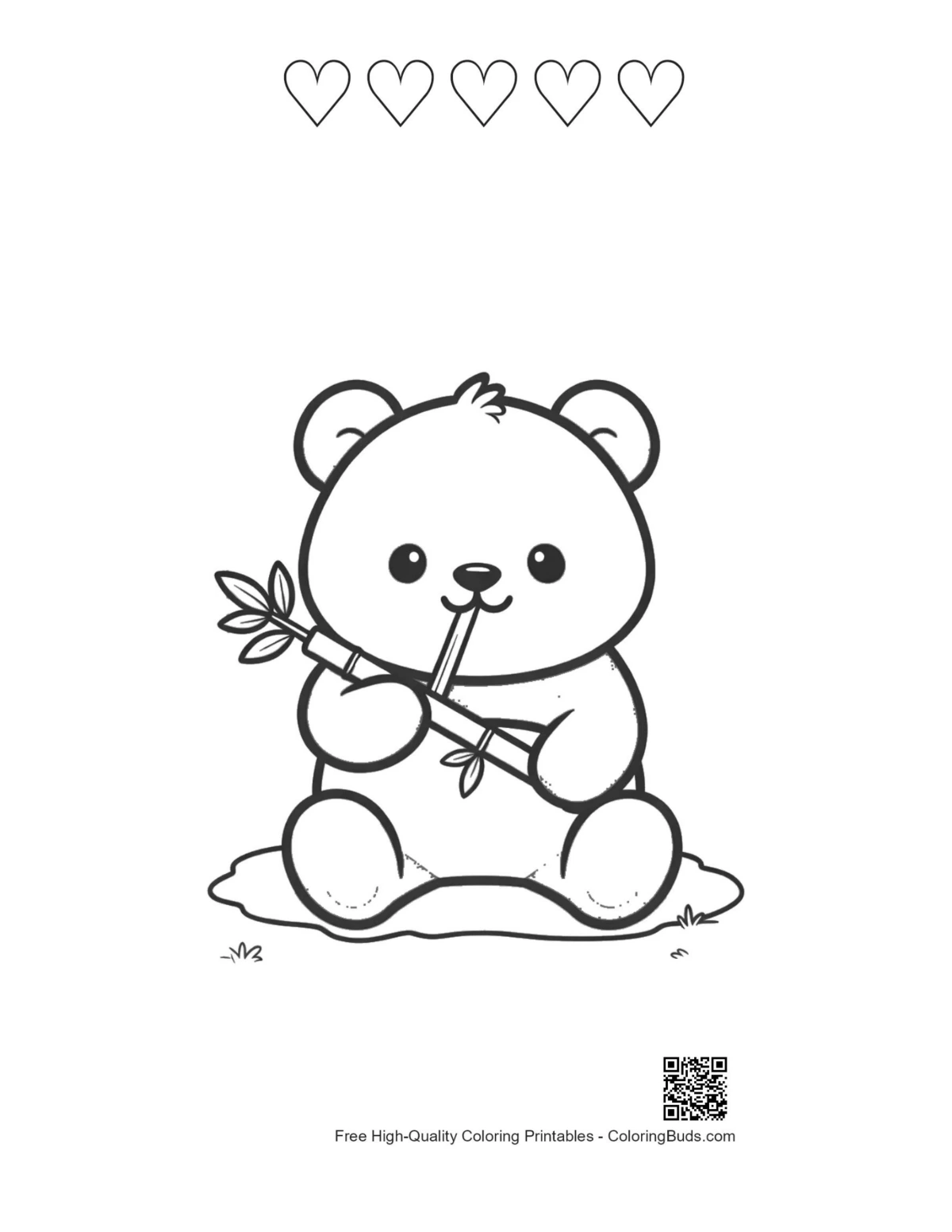 Baby panda printable with 5 heart outlines