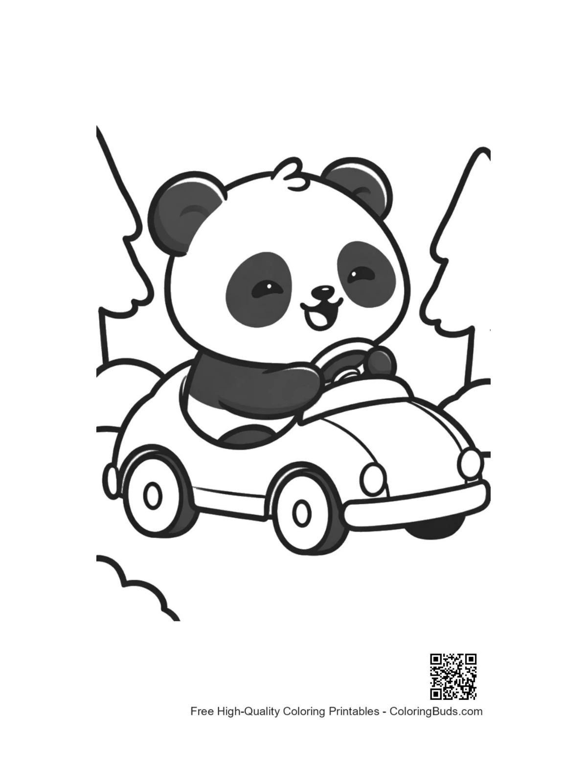 Cute baby panda racing toy car coloring page