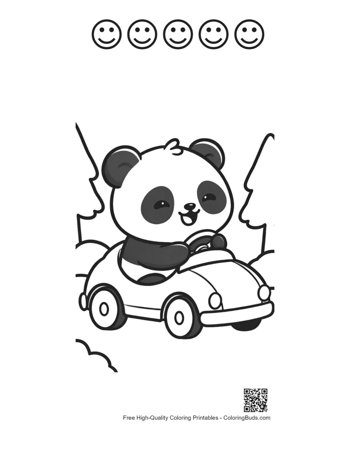 Panda coloring page toy car 5 happy faces outline