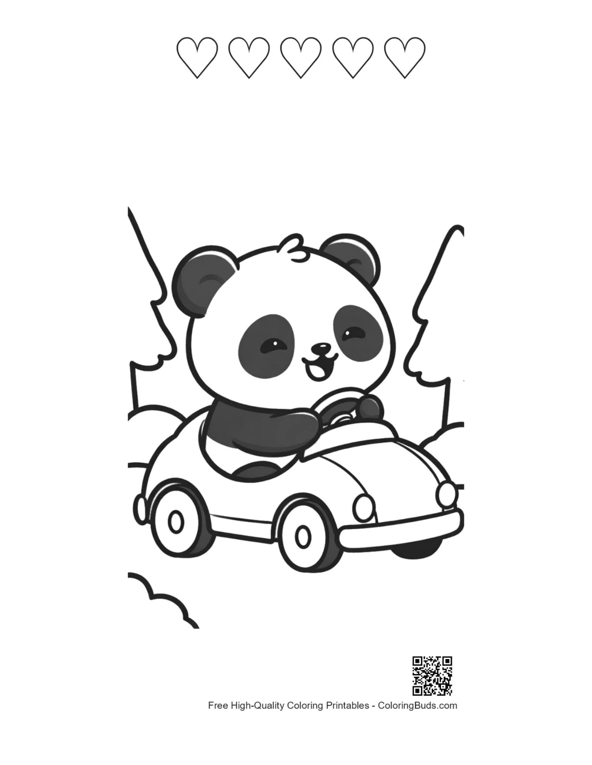 Baby panda car race with 5 heart outlines printable