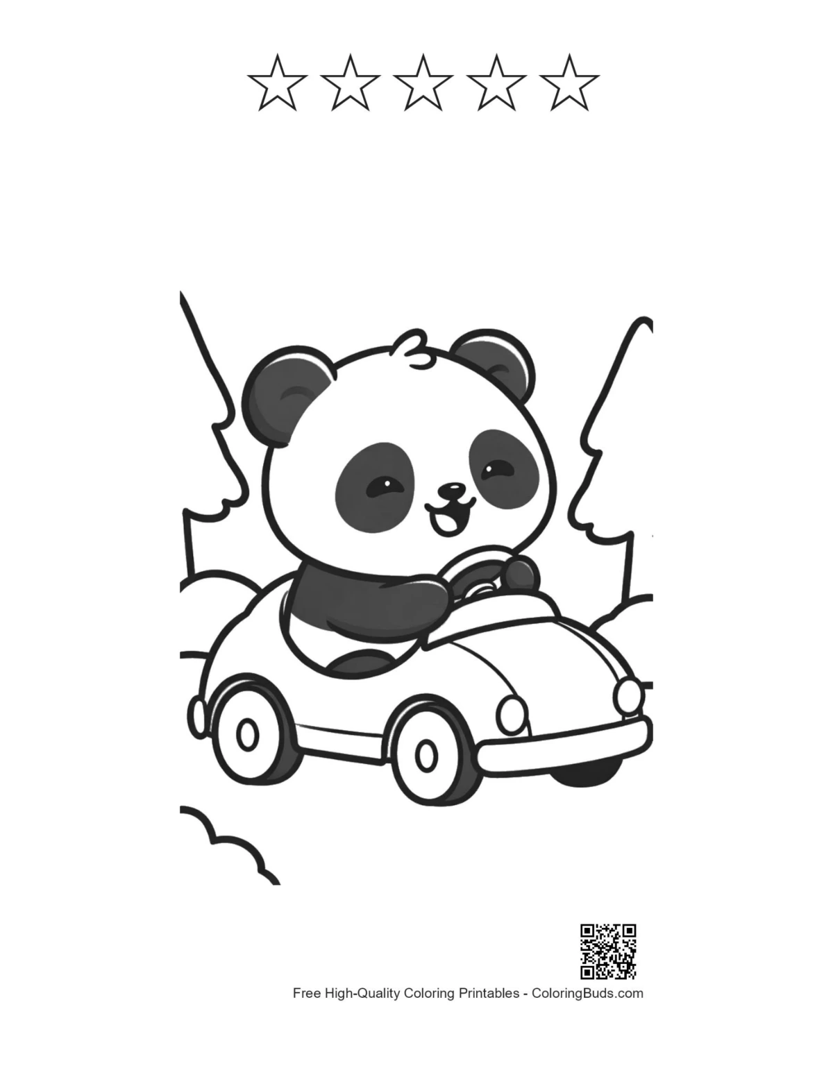 Baby panda race car with 5 star outlines printable