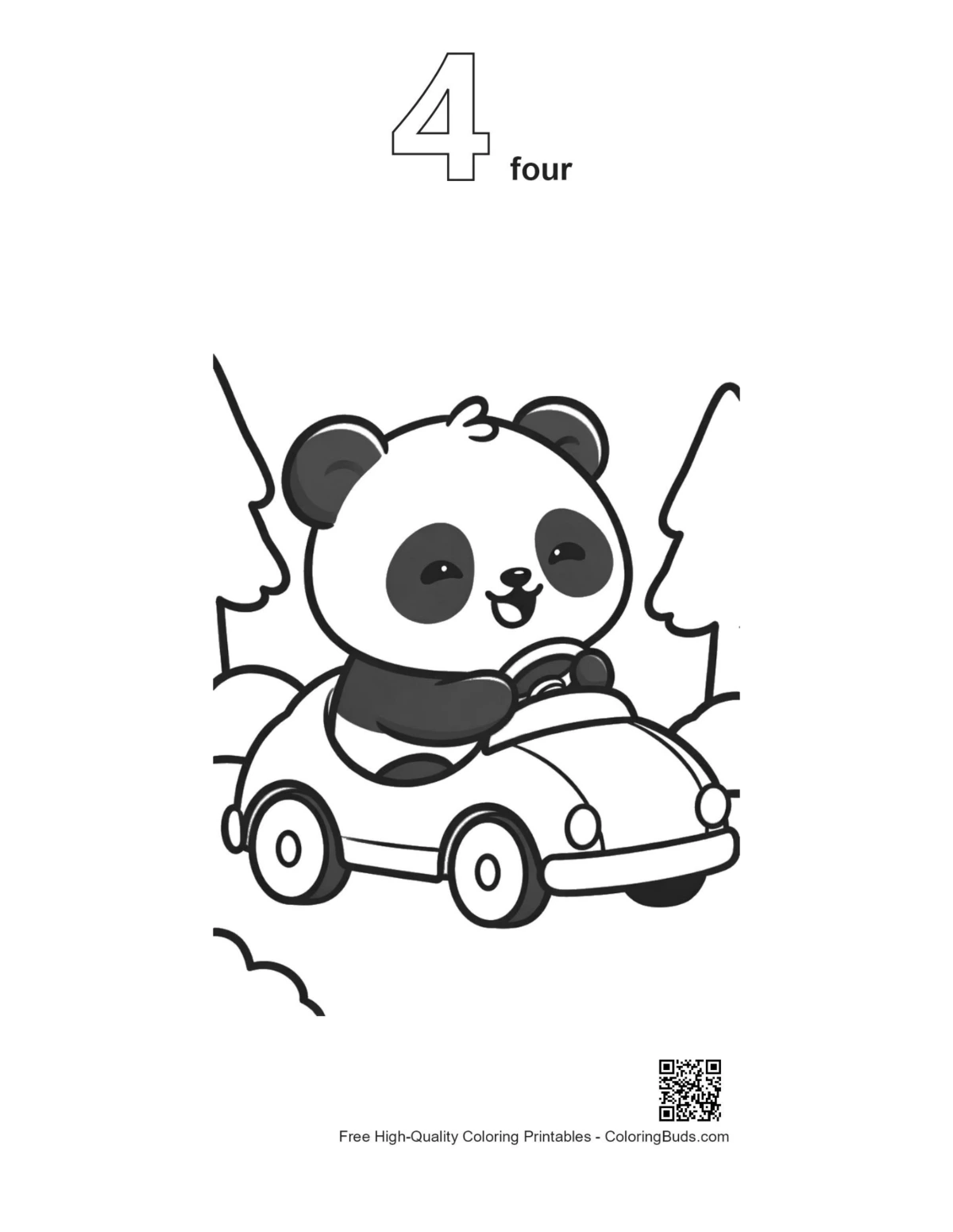 Panda coloring page toy car with number 4 outline