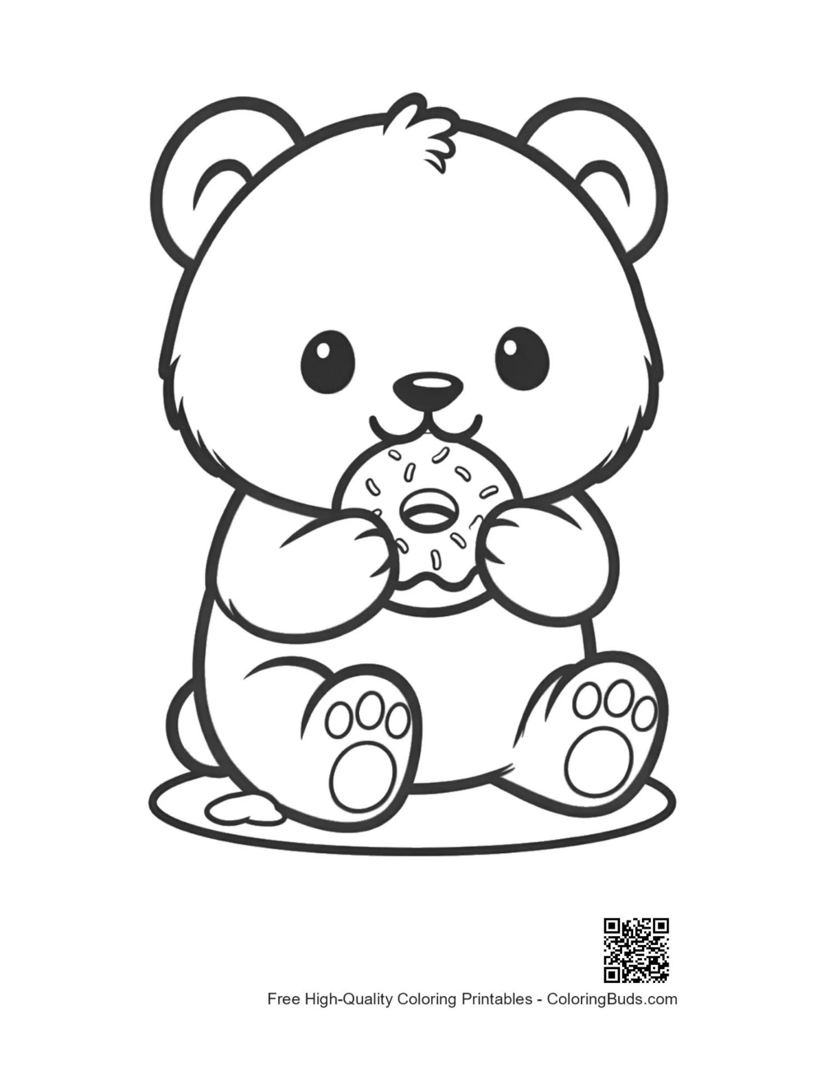Hungry panda cub holding large donut printable