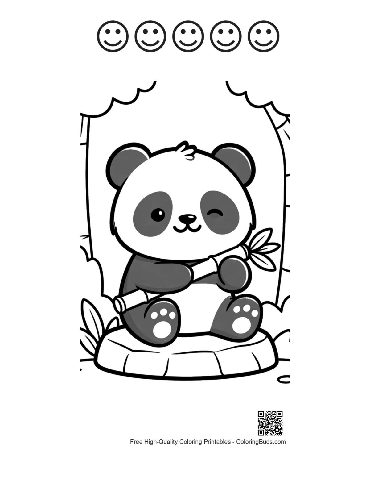 Panda cub bamboo 5 happy faces outline printable