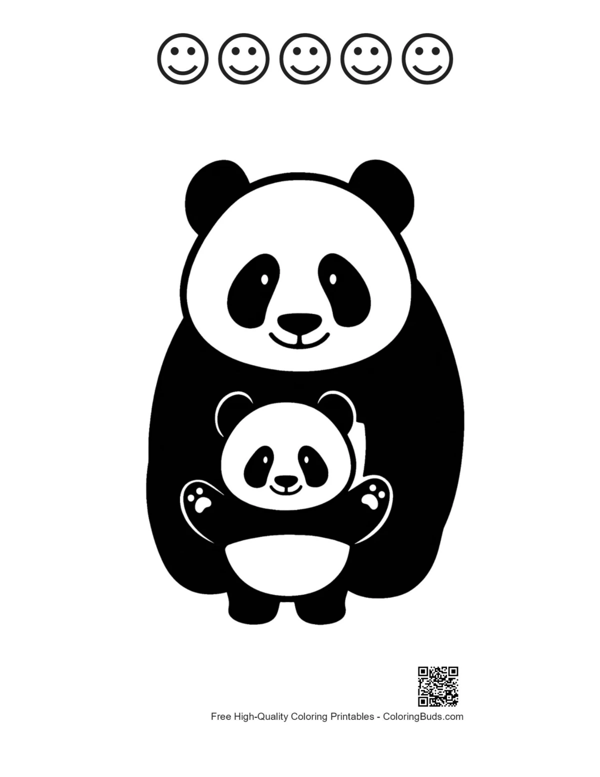Mother panda hugging cub with 5 happy faces printable