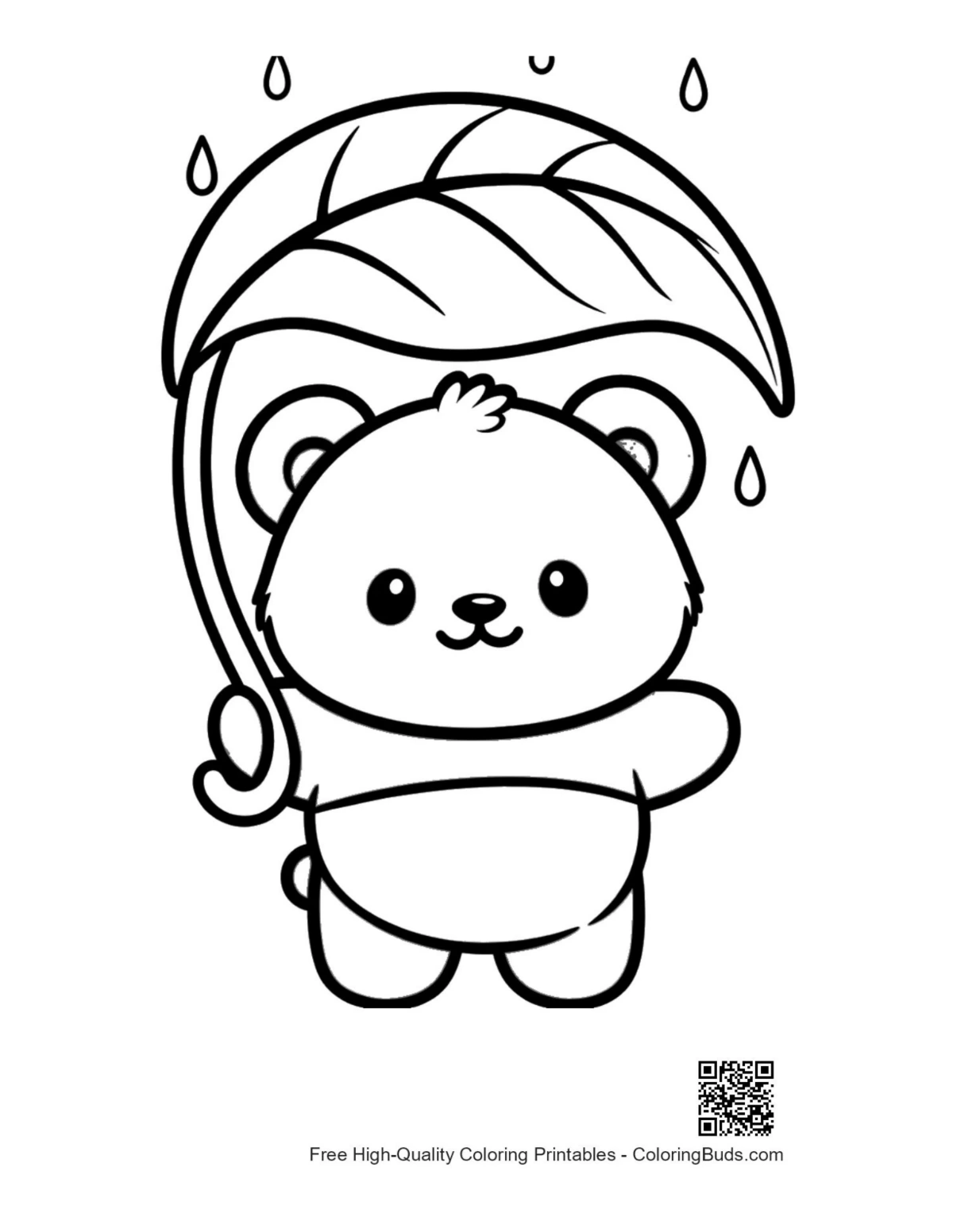 Cute panda cub leaf umbrella rain coloring page printable