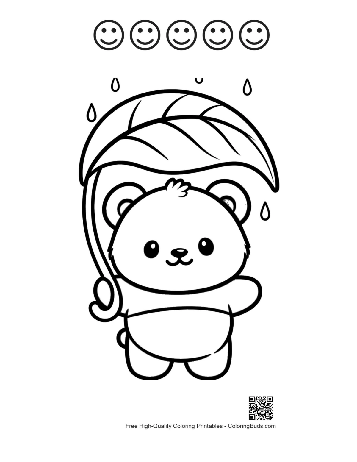 Panda coloring page with 5 happy faces leaf umbrella
