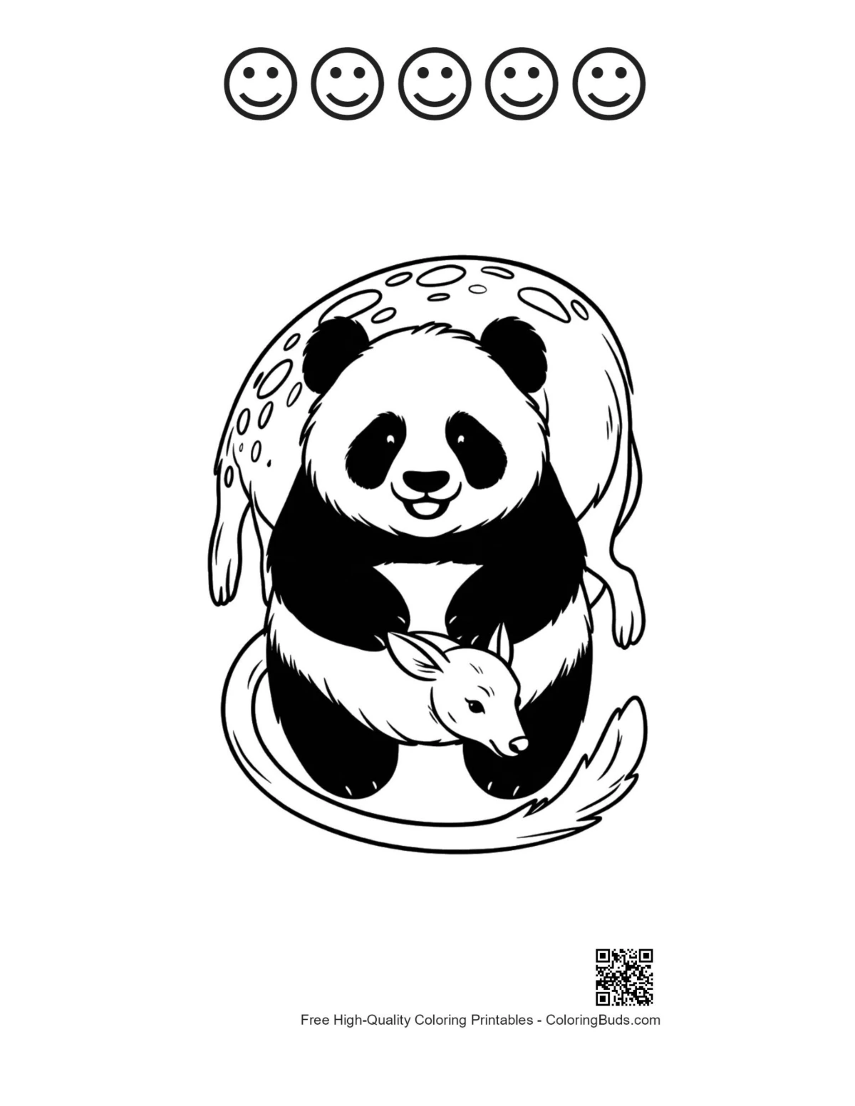 Panda embracing baby deer printable featuring 5 happy face outlines