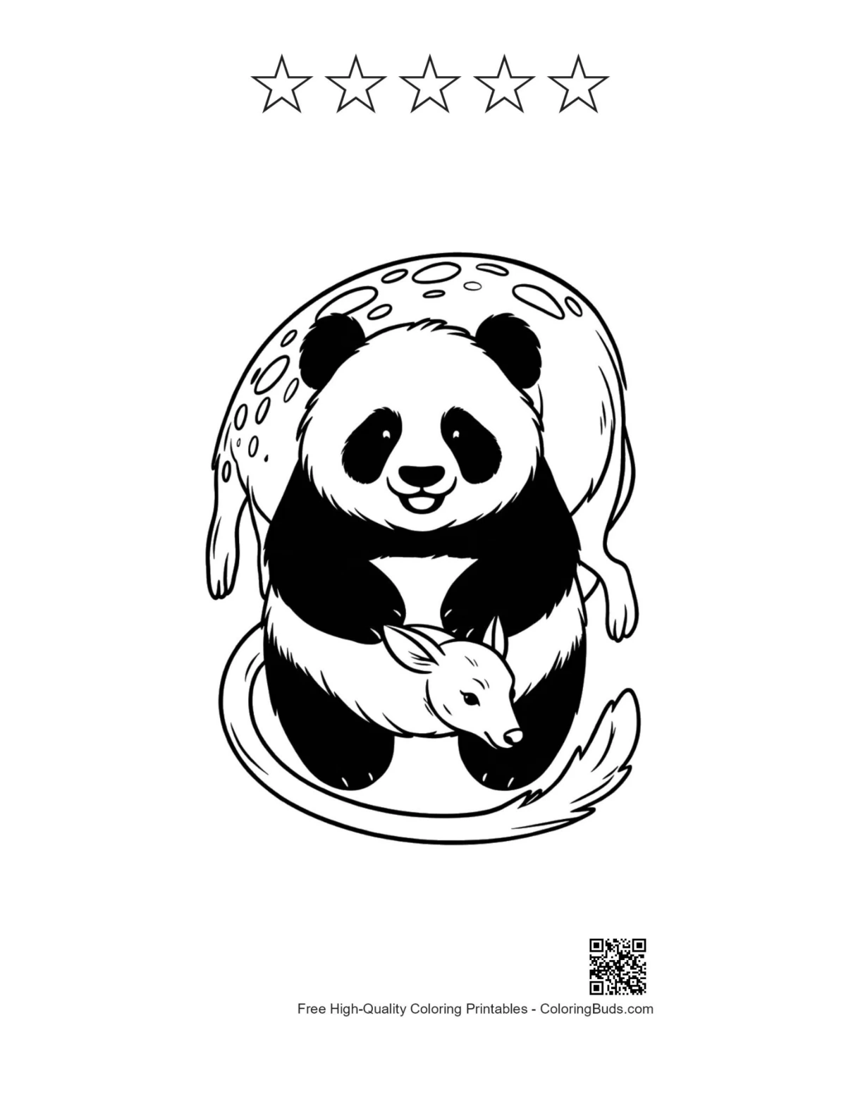Panda embracing baby deer printable with 5 star outlines rating design