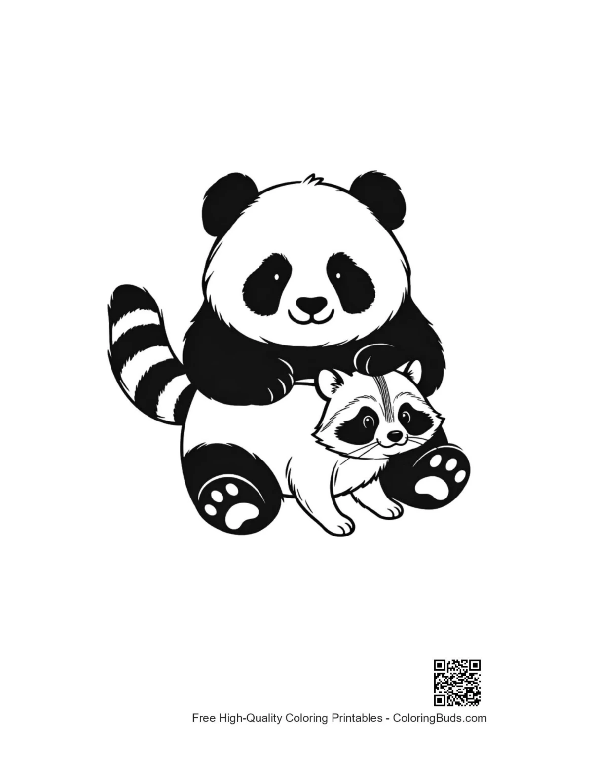 Cute panda holding raccoon baby coloring page