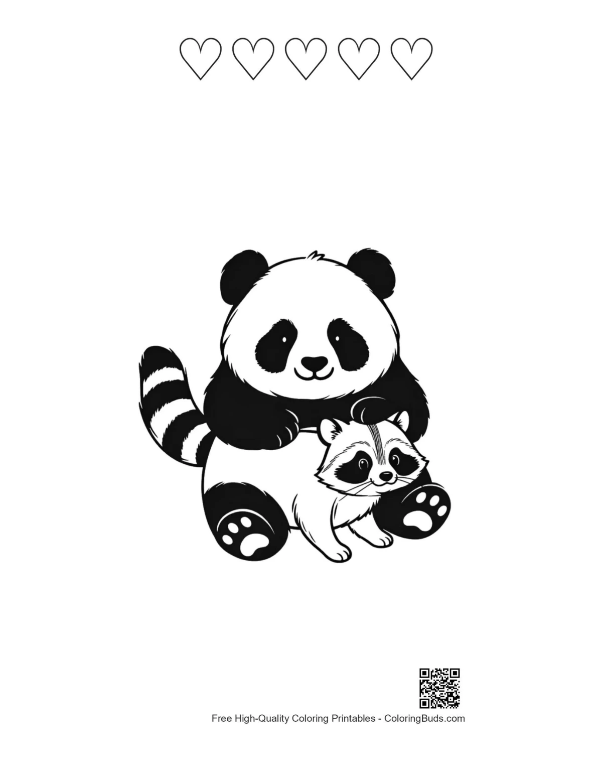 Panda holding raccoon baby with 5 heart outlines