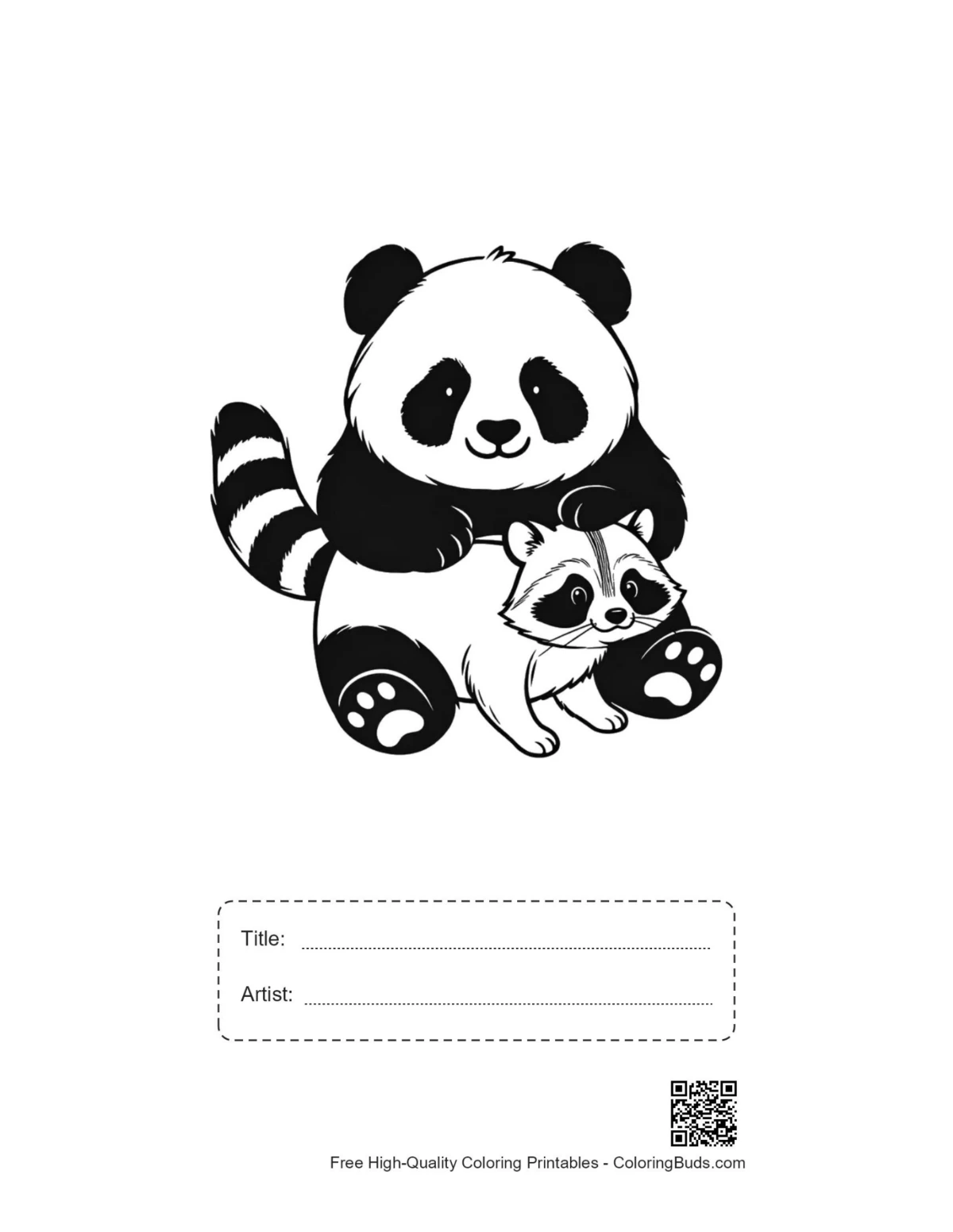 Panda holding raccoon baby printable with title box