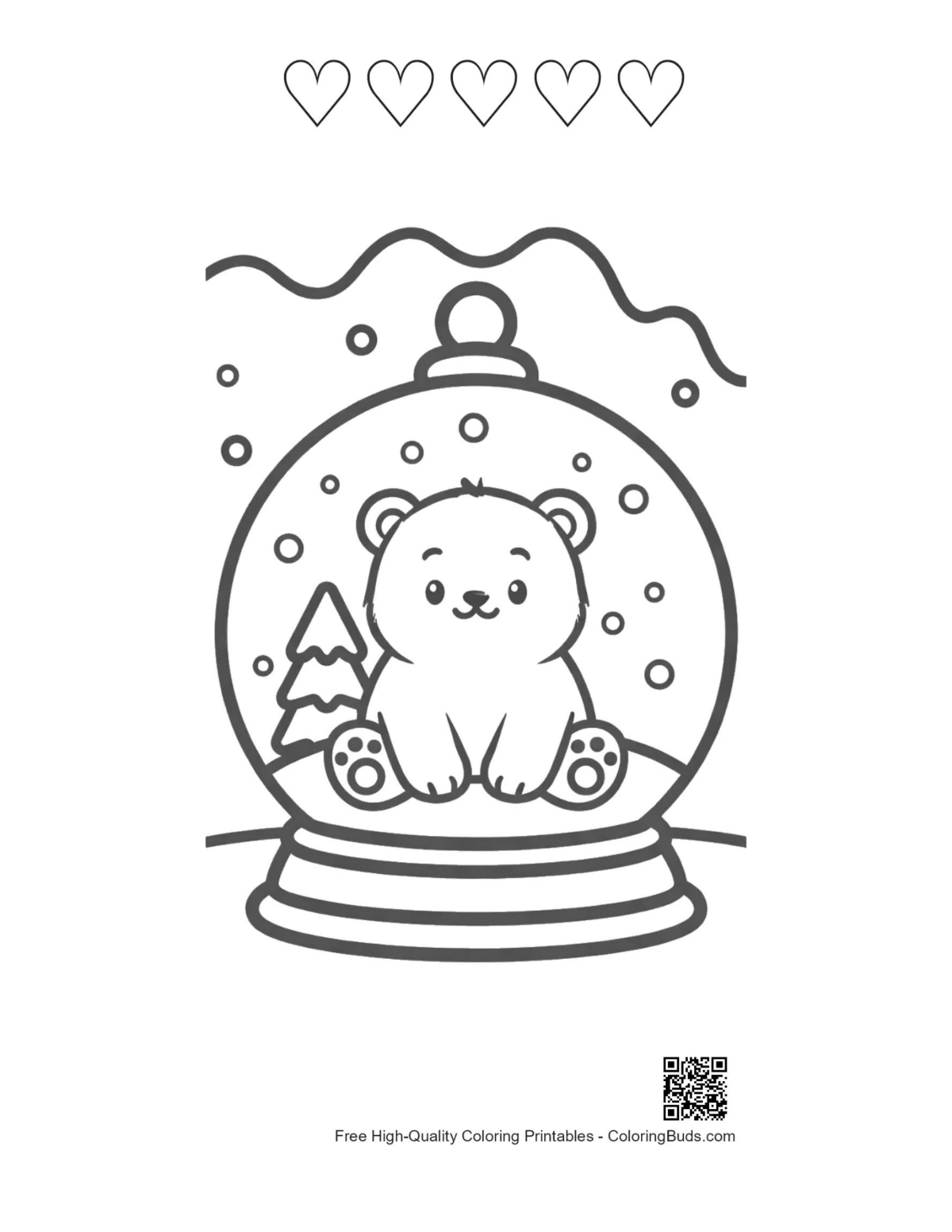 Polar bear cub snow globe with 5 heart outlines printable