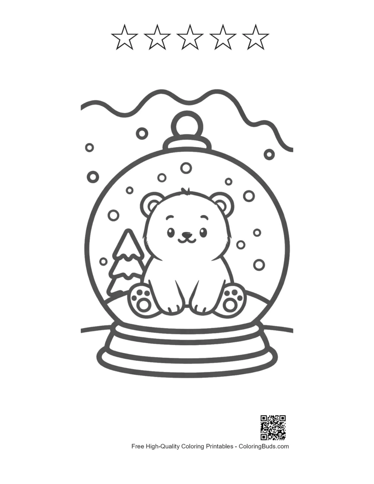 Polar bear cub snow globe with 5 star outlines printable