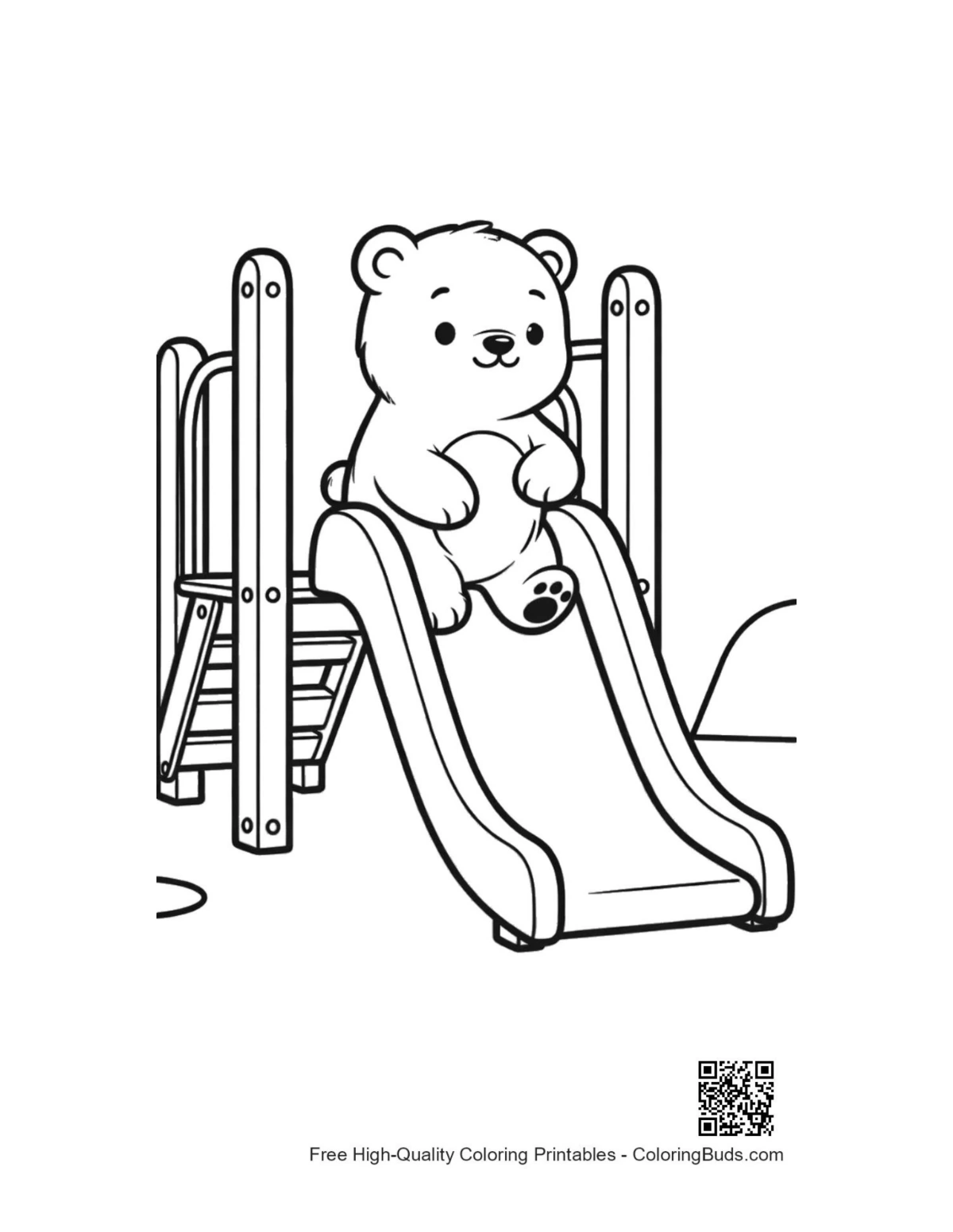 Cute polar bear cub sliding park slide coloring page