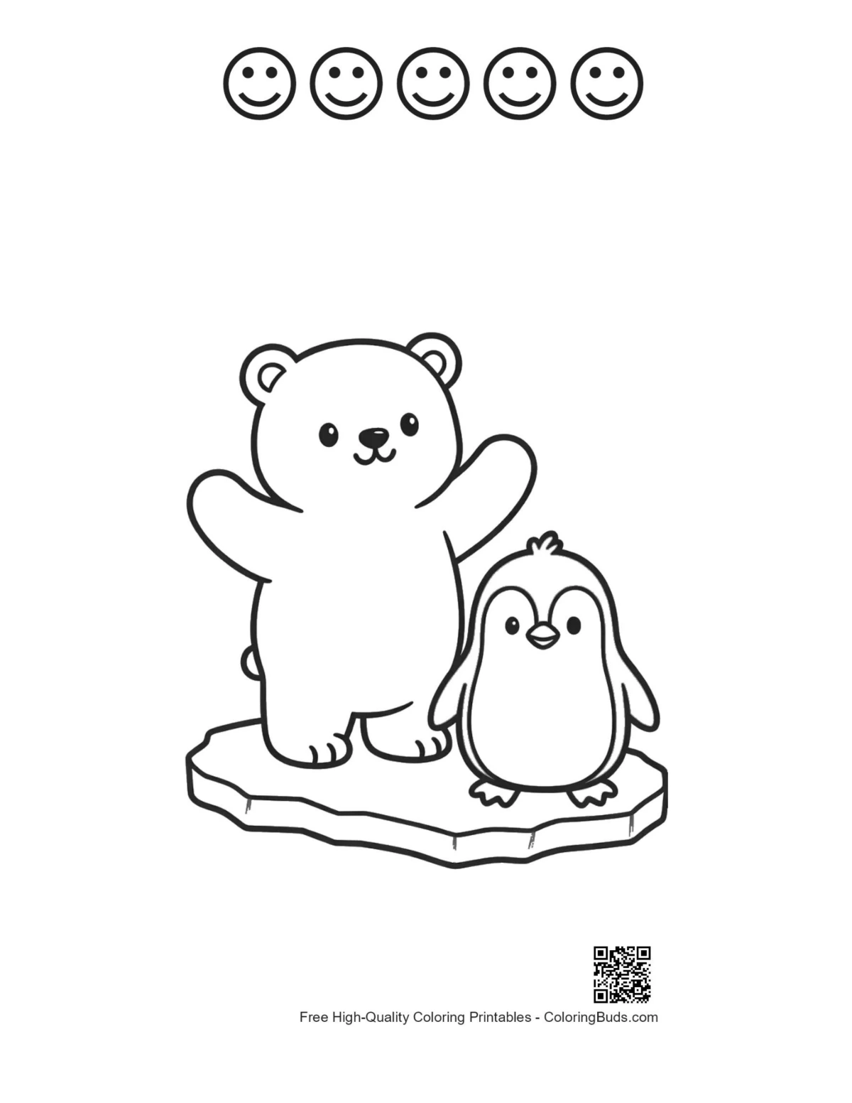 Polar bear and penguin with 5 happy face outlines printable