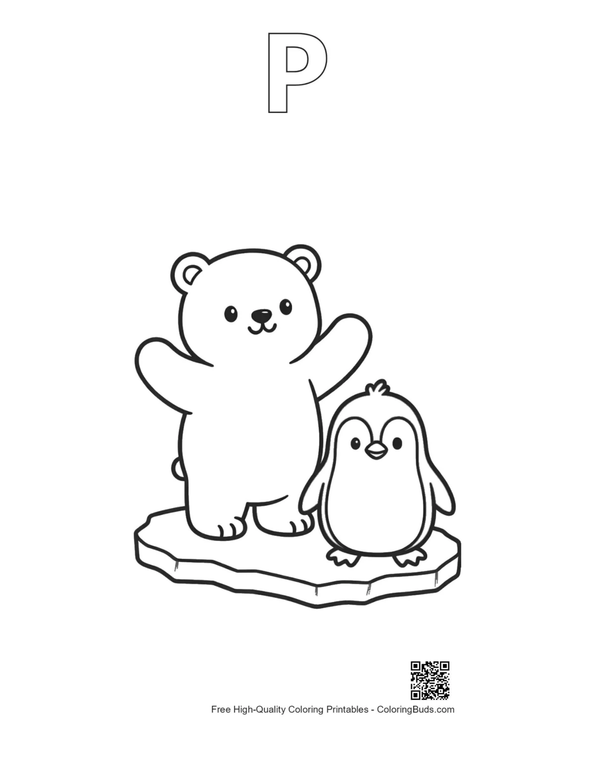 Polar bear penguin waving with alphabet P outline printable