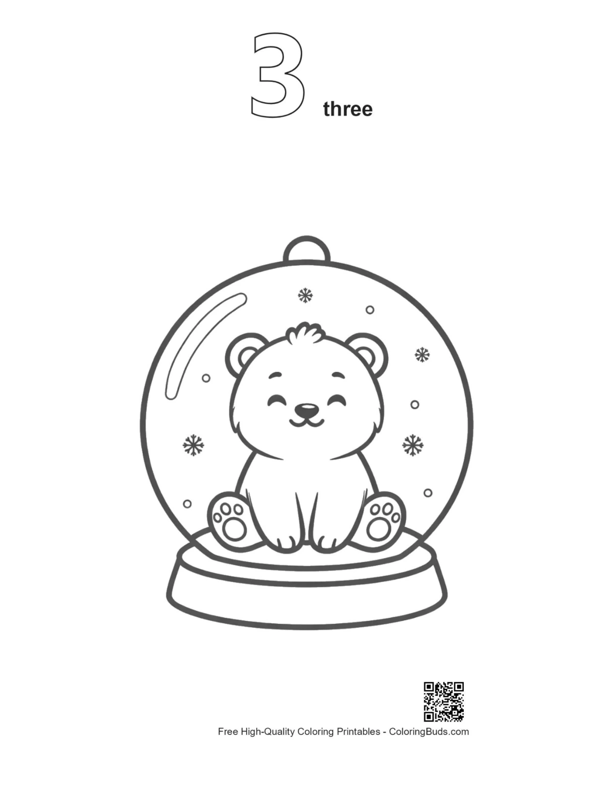 Numbered outline baby polar bear in Christmas snow globe