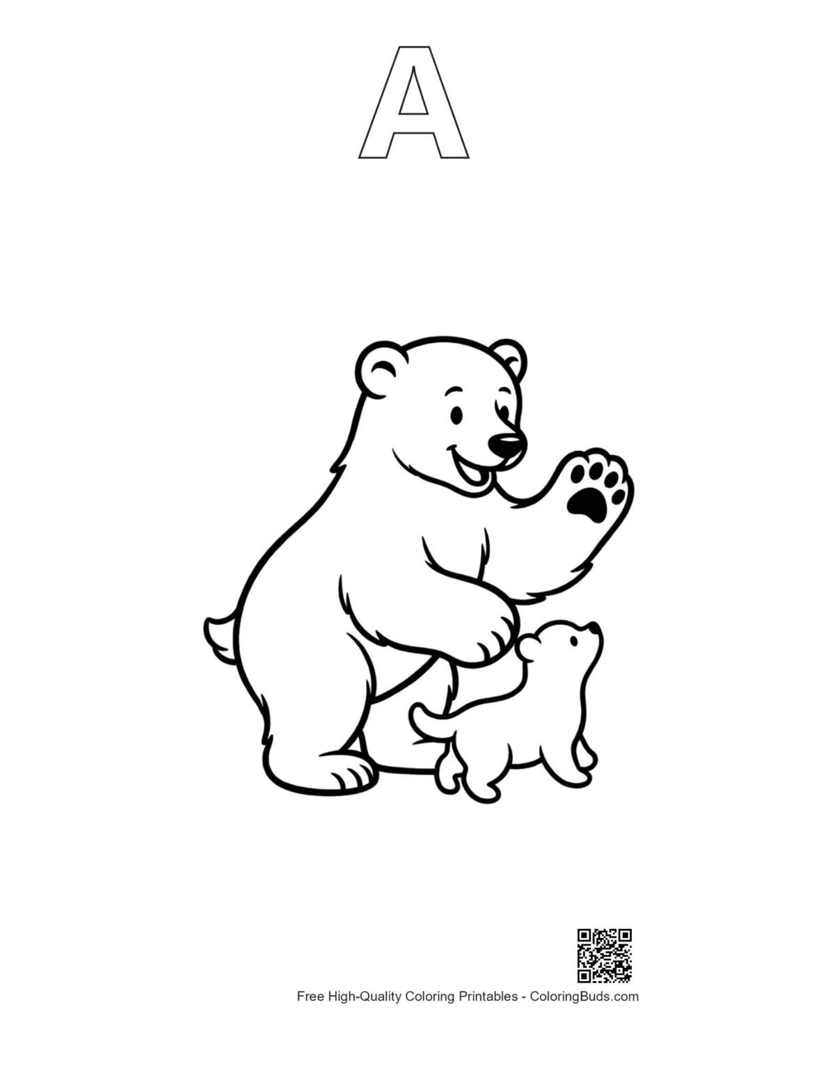 Polar bear coloring page with alphabet A outline