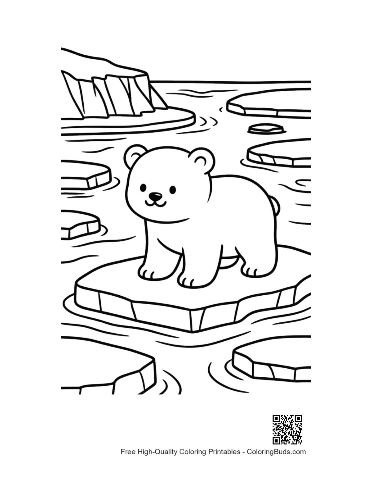 Cute baby polar bear walking on ice coloring page